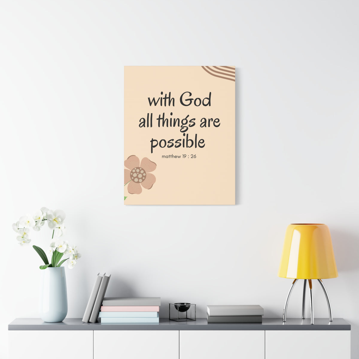 Scripture Canvas All Things Are Possible Matthew 19:26 Brown Flower Christian Wall Art Bible Verse Print Ready to Hang