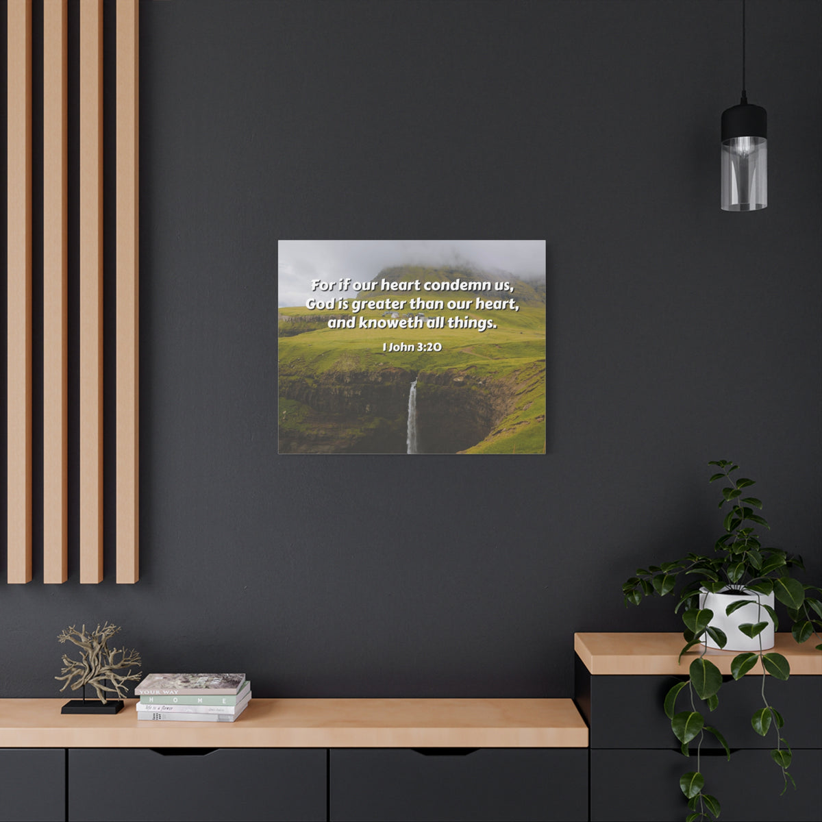 Scripture Canvas God Is Greater 1 John 3:20 Christian Wall Art Bible Verse Print Ready to Hang