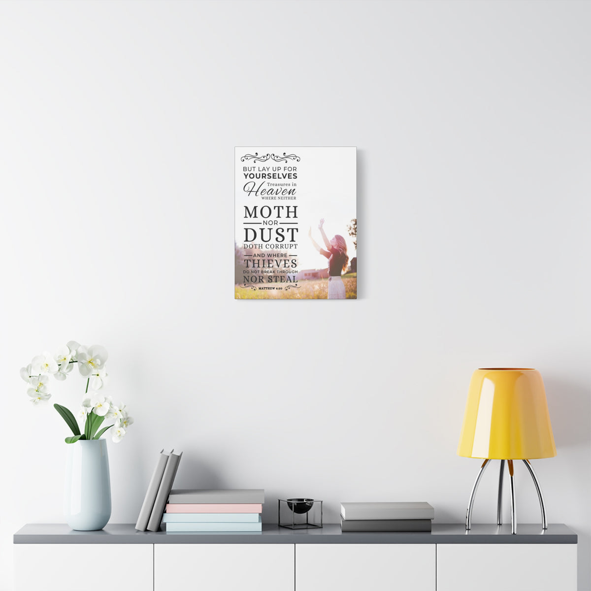 Scripture CanvasMoth Nor Dust Matthew 6:26  Christian Wall Art Bible Verse Print Ready to Hang