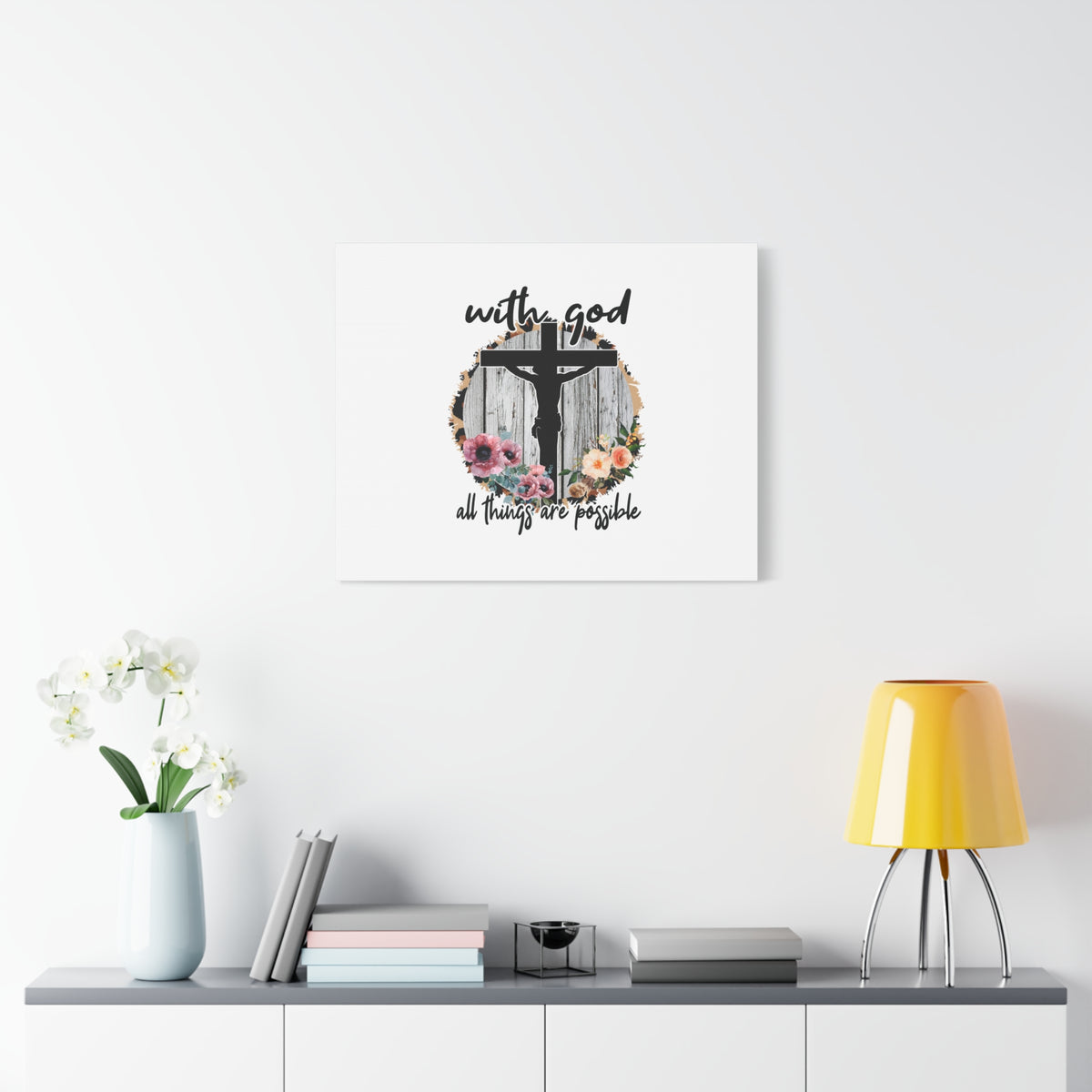 Scripture Canvas All Things Are Possible Mark 10:27 Flower Cross Christian Wall Art Bible Verse Print Ready to Hang