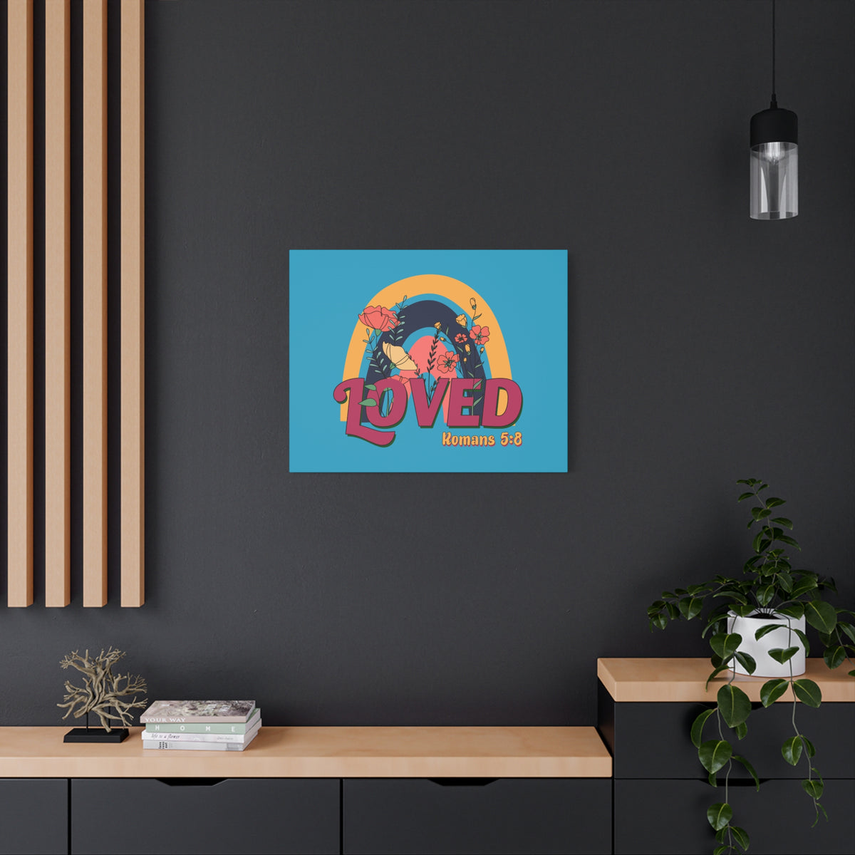 Scripture Canvas Loved Romans 5:8 Red Turquoise Christian Wall Art Bible Verse Print Ready to Hang