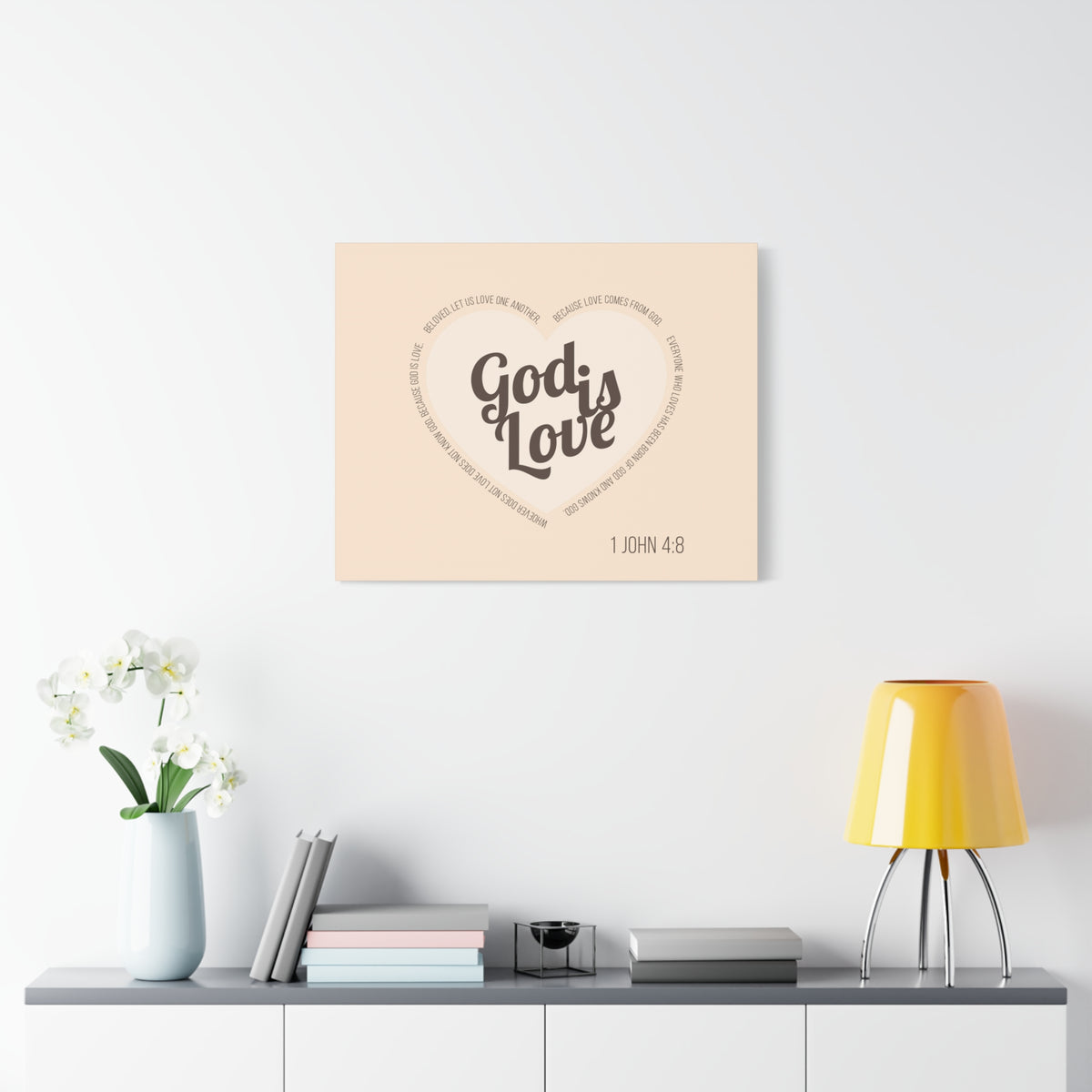 Scripture Canvas God Is Love 1 John 4:8 Light Brown Christian Wall Art Bible Verse Print Ready to Hang