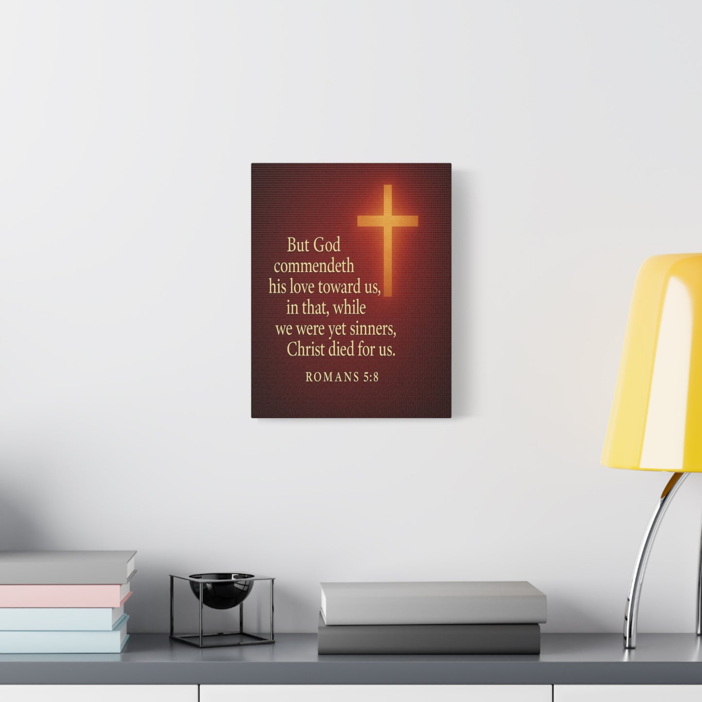 Bible Verse Canvas Romans 5:8 Christian Home Décor Wall Art Scripture Ready to Hang Faith Print