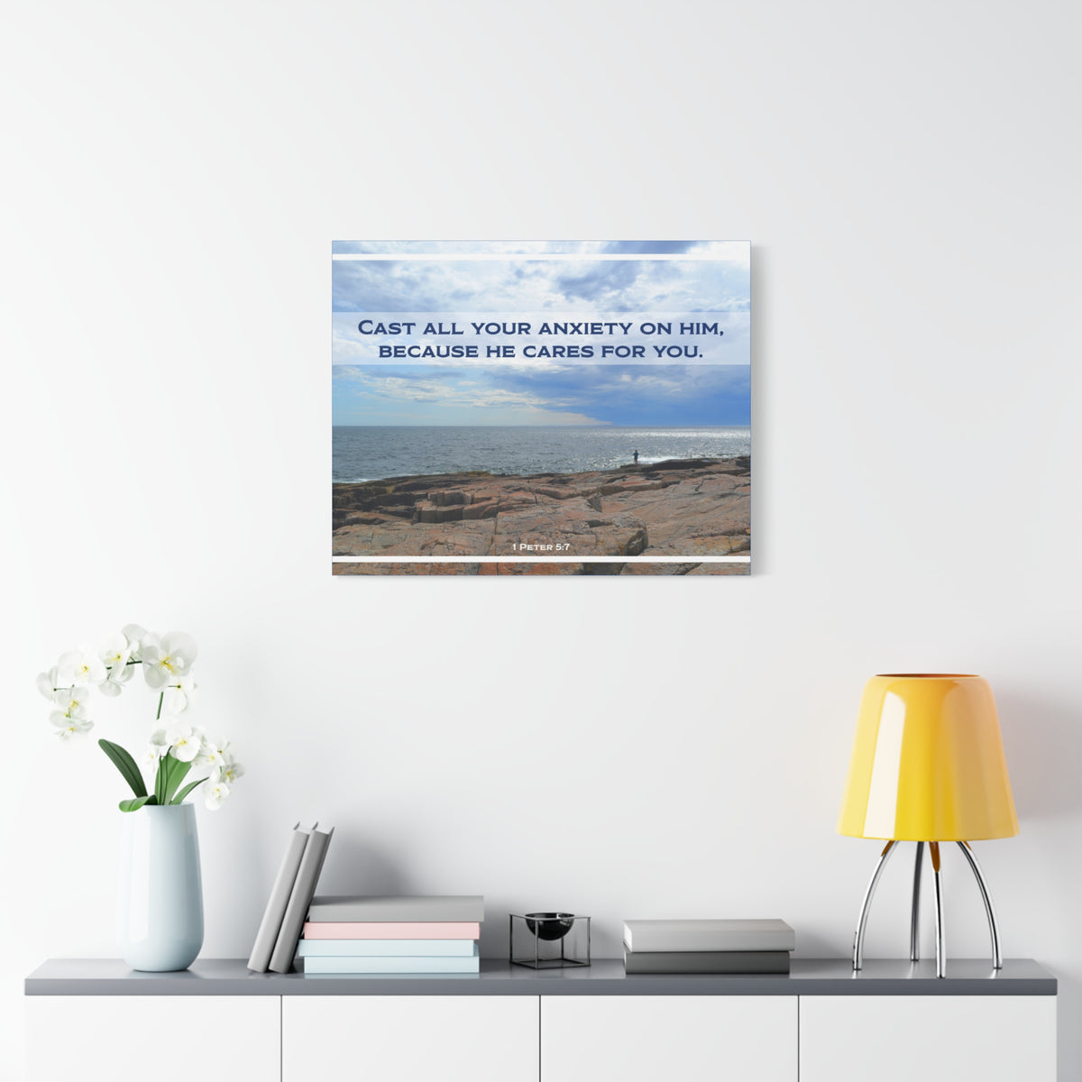 Scripture Canvas He Cares For You 1 Peter 5:7 Christian Wall Art Bible Verse Print Ready to Hang