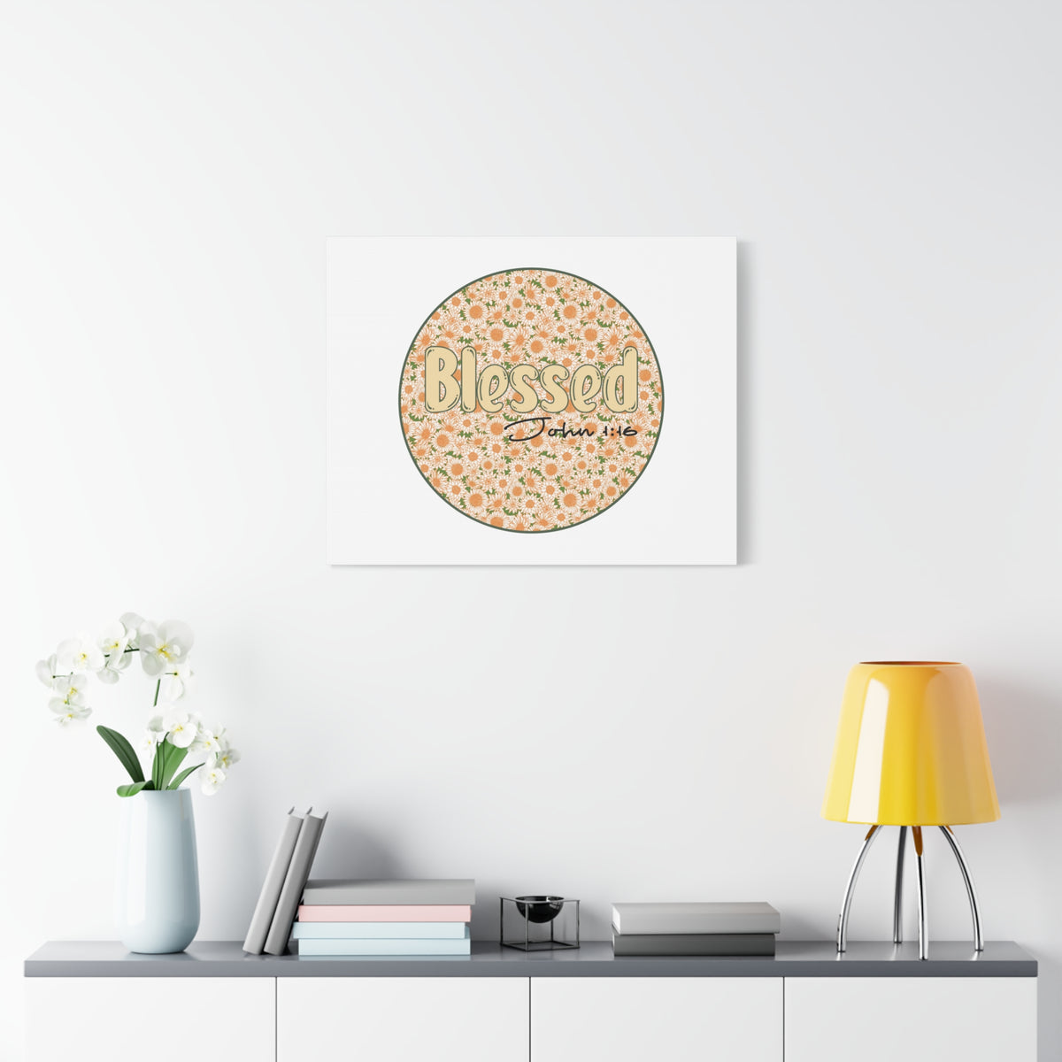 Scripture Canvas Blessed John 1:16 Flower Circle Christian Wall Art Bible Verse Print Ready to Hang