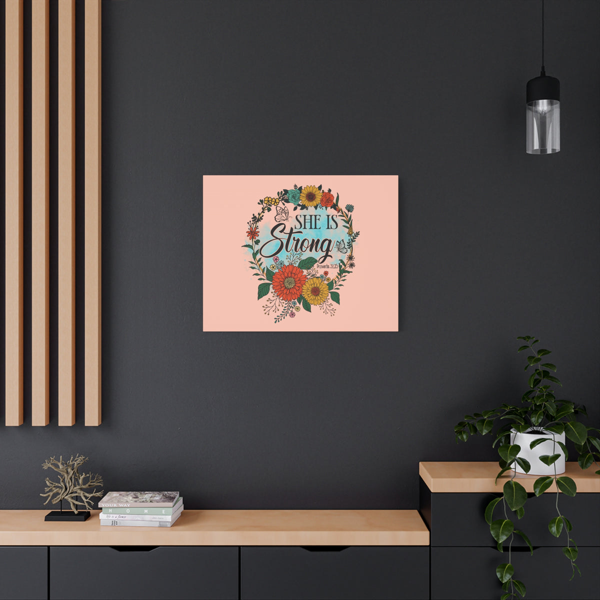 Scripture Canvas She Is Strong Peach Proverbs 31:25 Christian Wall Art Bible Verse Print Ready to Hang