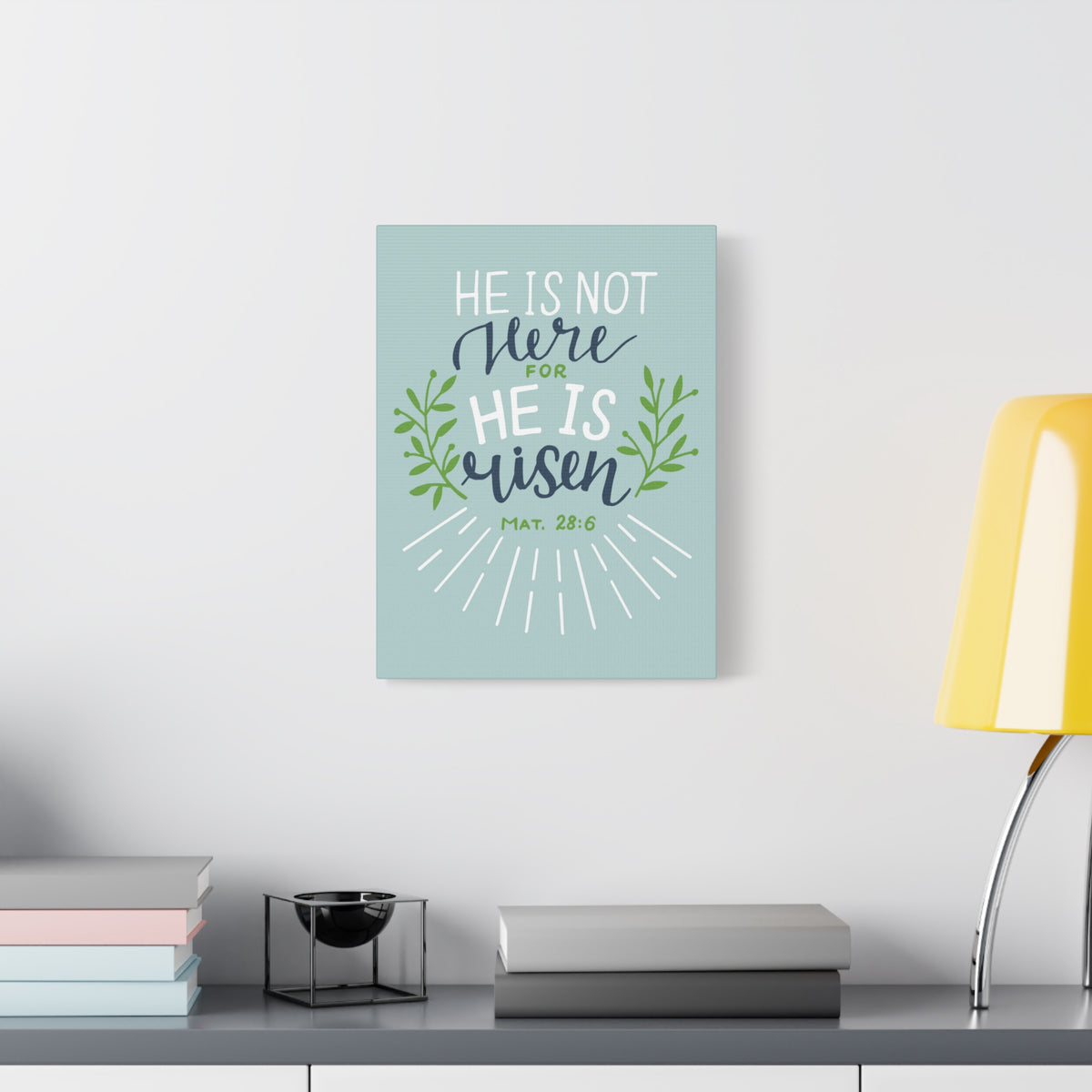 Scripture Canvas He Is Risen Green Leaves Mat 28:6 Christian Wall Art Bible Verse Print Ready to Hang