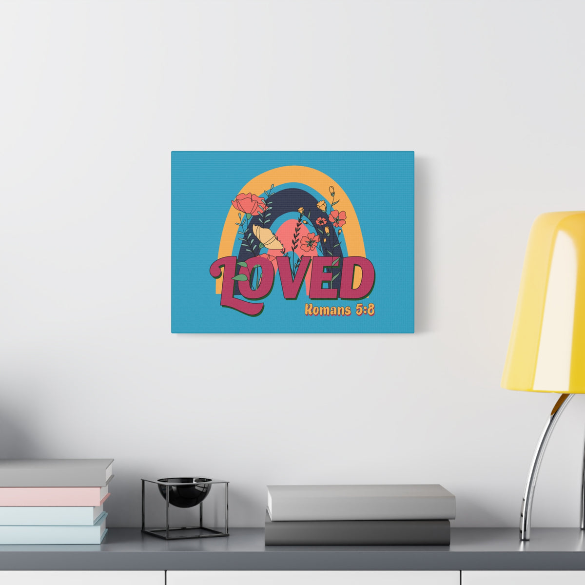Scripture Canvas Loved Romans 5:8 Red Turquoise Christian Wall Art Bible Verse Print Ready to Hang