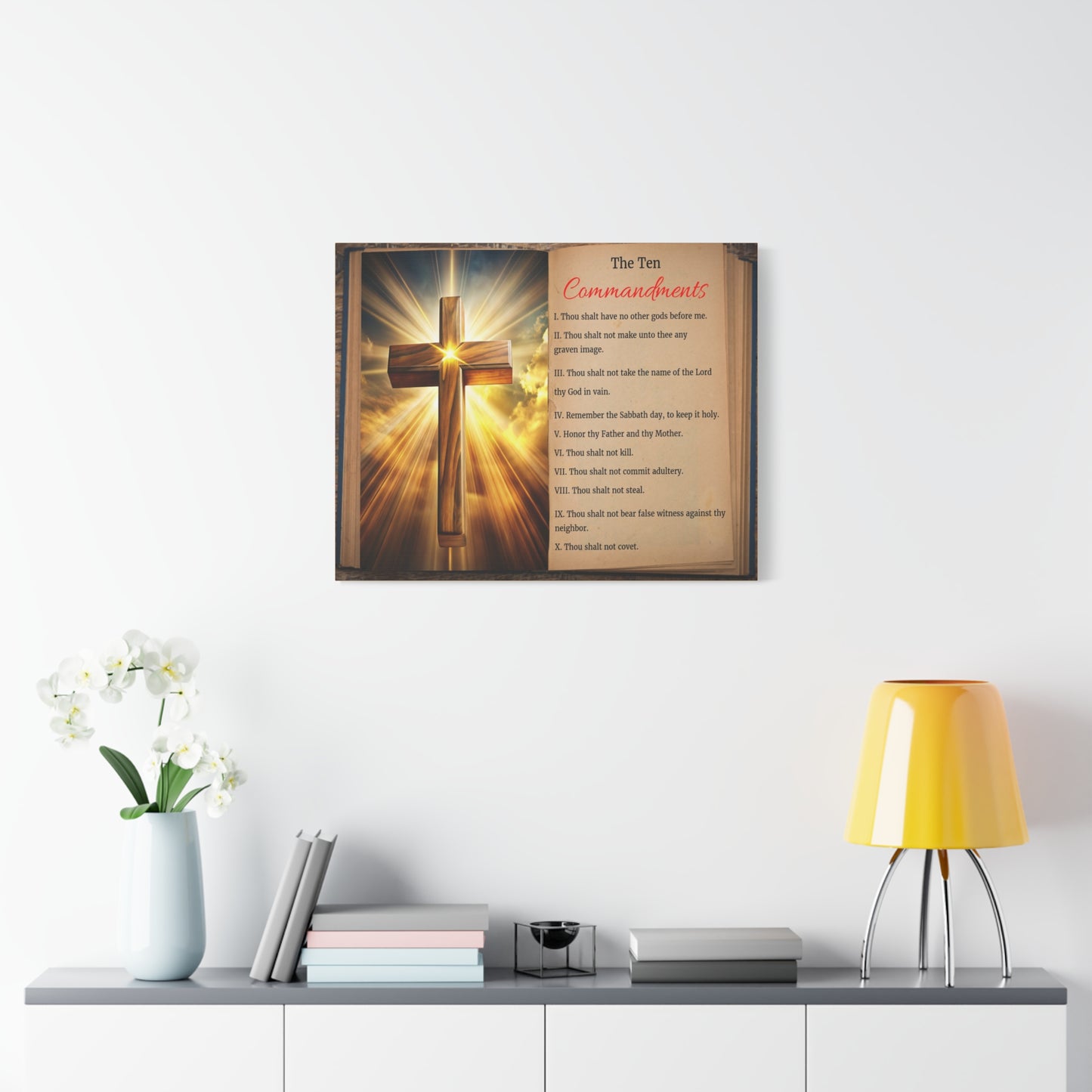 The Ten Commandments Open Book Cross Bible Canvas Christian Wall Art Ready to Hang Unframed