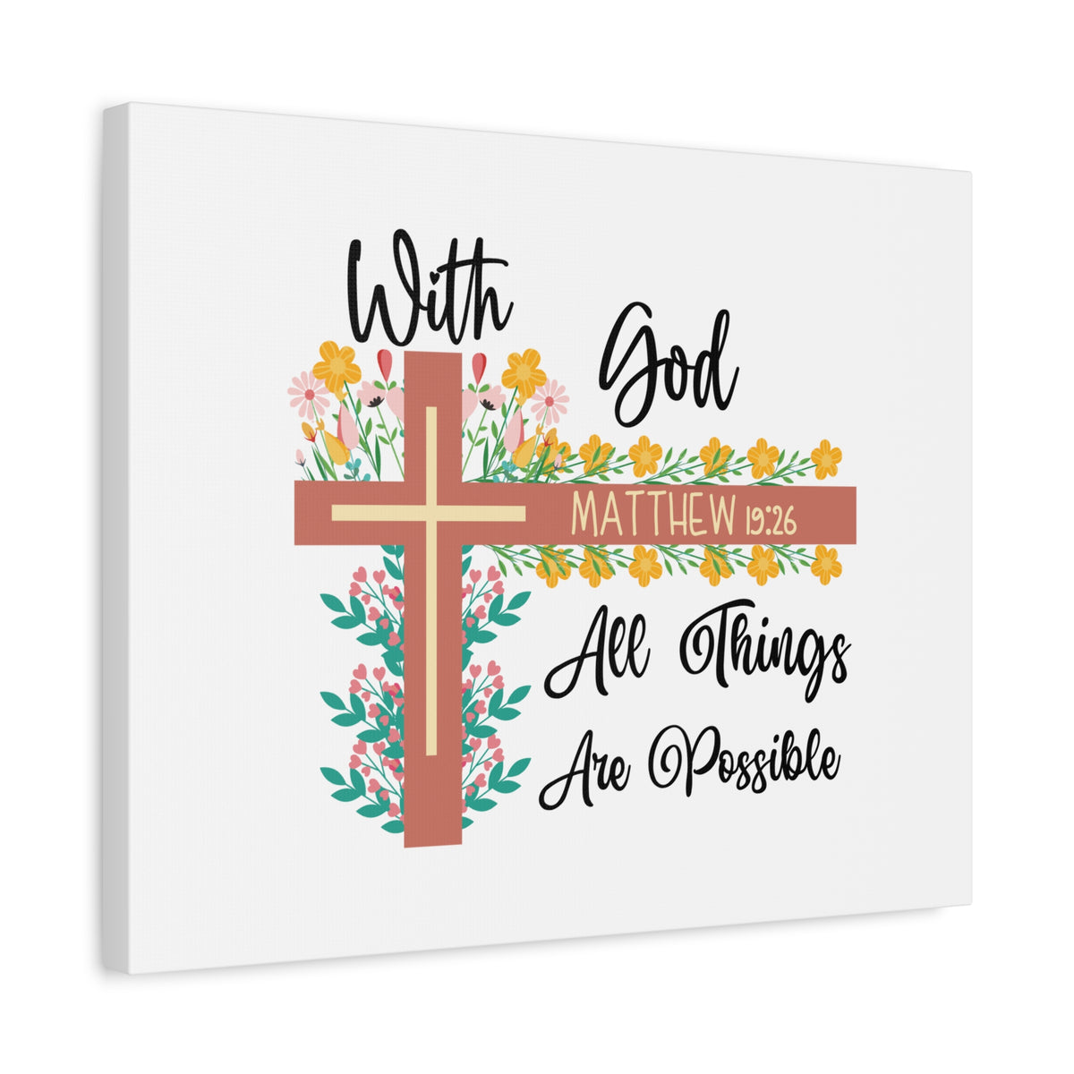Scripture Canvas With God Matthew 19:26 Flower Cross Christian Wall Art Bible Verse Print Ready to Hang