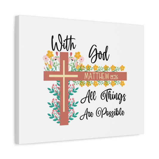 Scripture Canvas With God Matthew 19:26 Flower Cross Christian Wall Art Bible Verse Print Ready to Hang