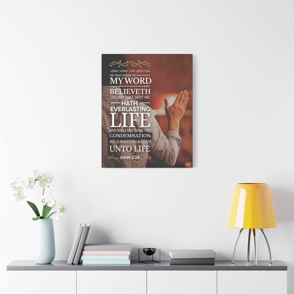 Scripture Canvas Believeth On Him John 5:24 Christian Wall Art Bible Verse Print Ready to Hang