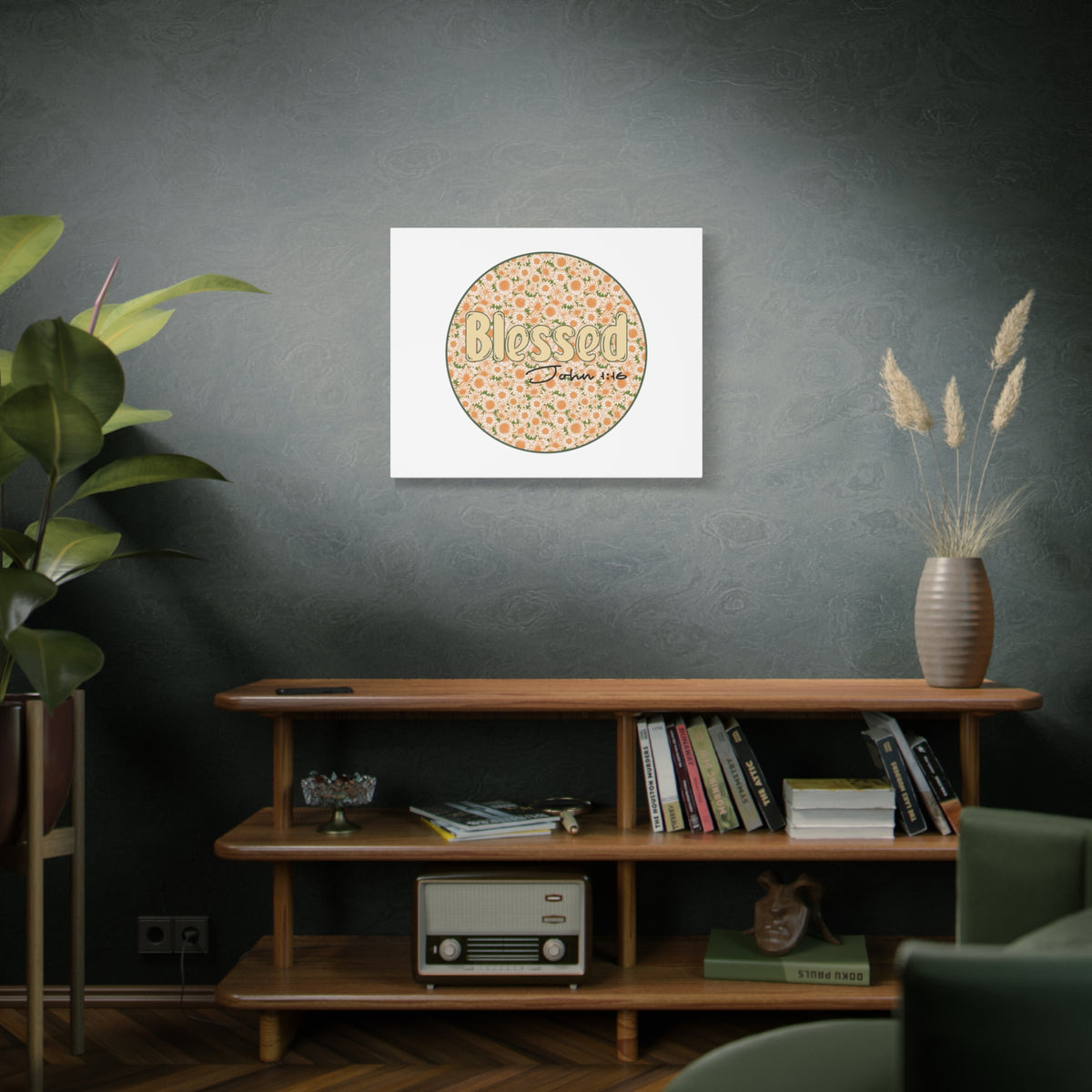 Scripture Canvas Blessed John 1:16 Flower Circle Christian Wall Art Bible Verse Print Ready to Hang