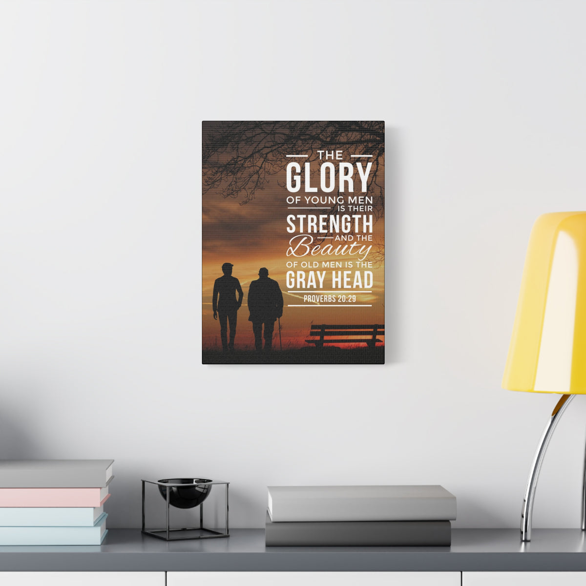 Scripture Canvas The Glory of Young Men Proverbs 20:29 Christian Wall Art Bible Verse Print Ready to Hang