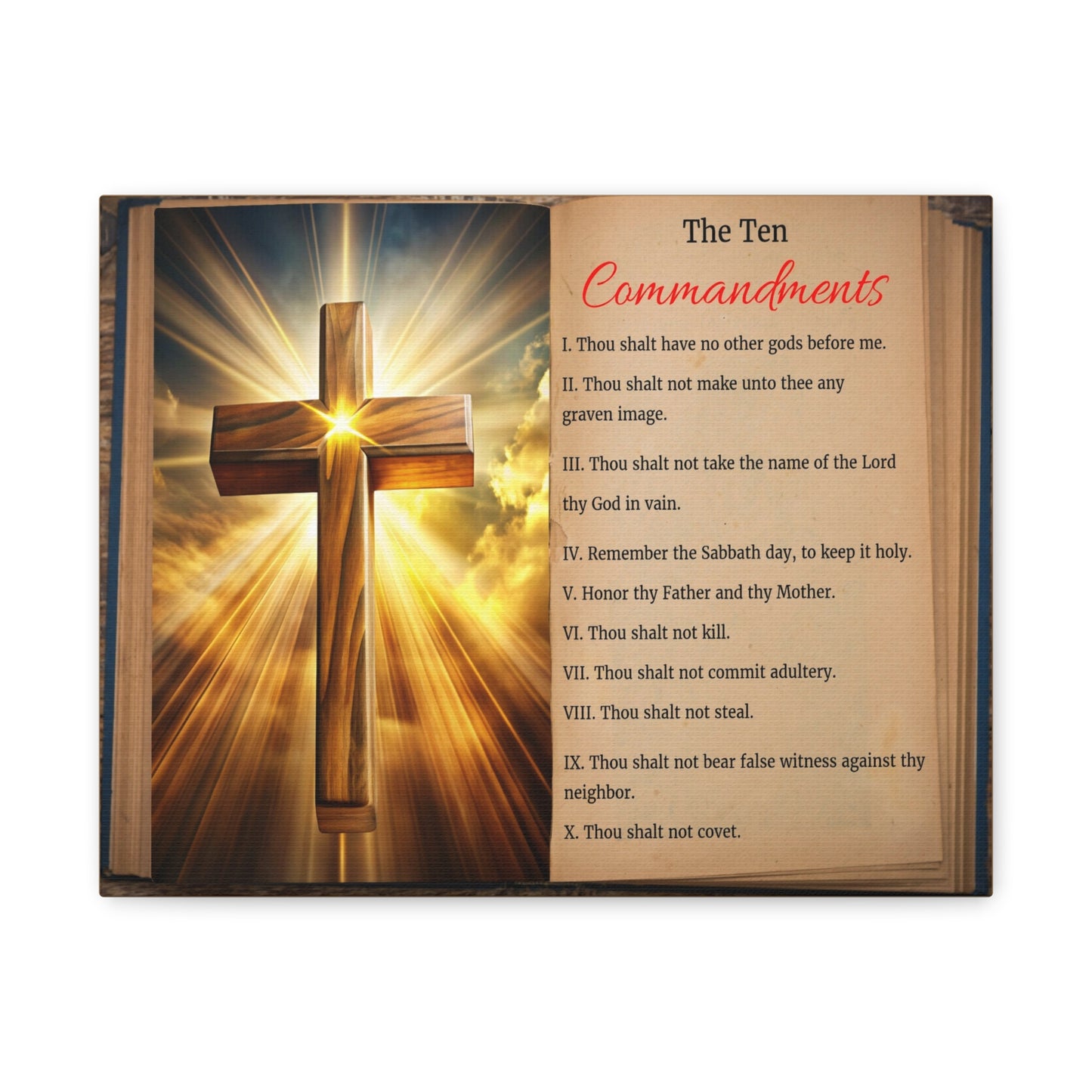 The Ten Commandments Open Book Cross Bible Canvas Christian Wall Art Ready to Hang Unframed