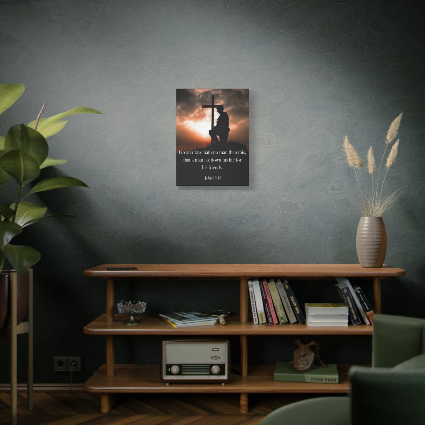 Scripture Walls John 15:13 Greater Love Soldier at Cross Christian Wall Art Print Ready to Hang Unframed