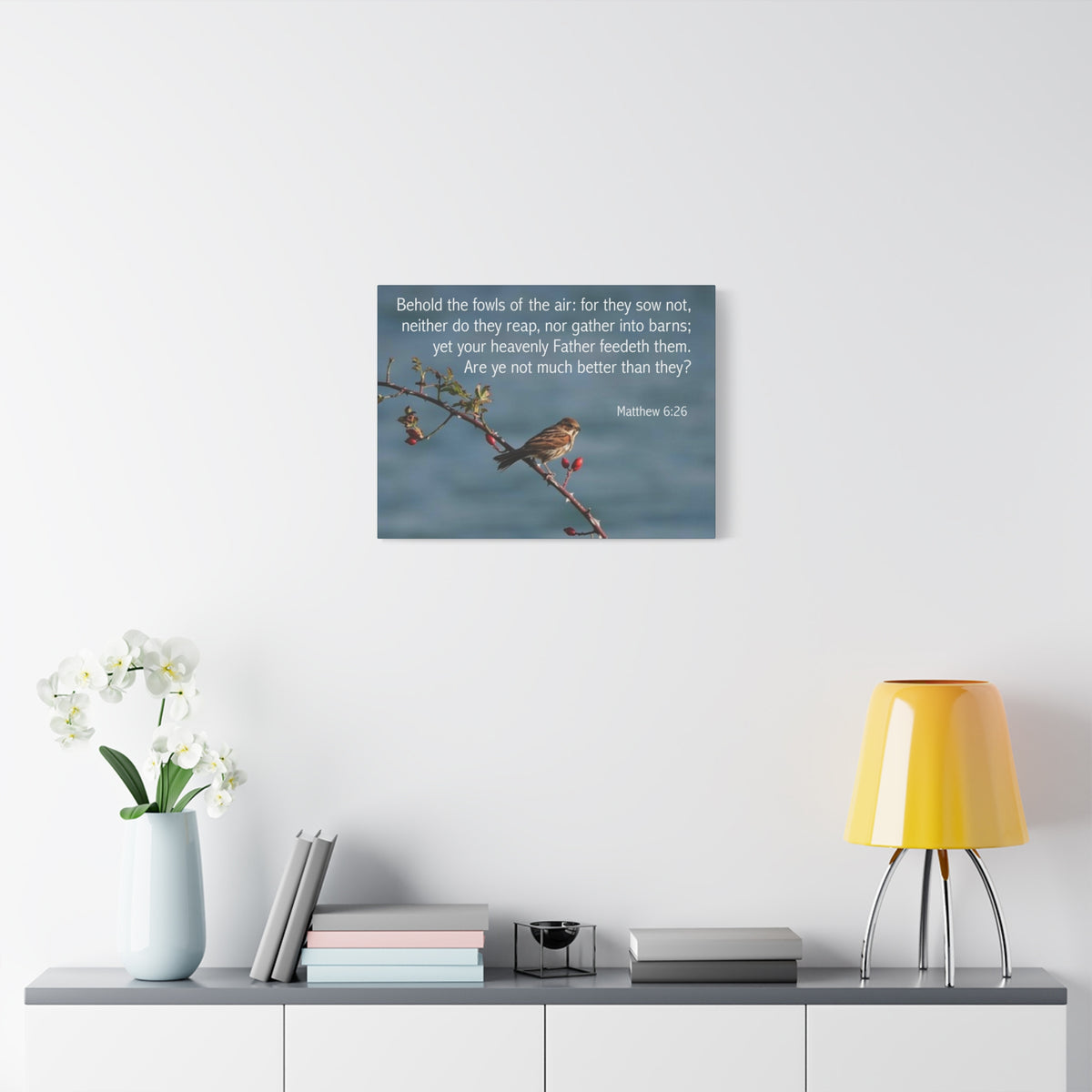 Scripture Canvas Behold The Fowls Matthew 6:26 Christian Wall Art Bible Verse Print Ready to Hang