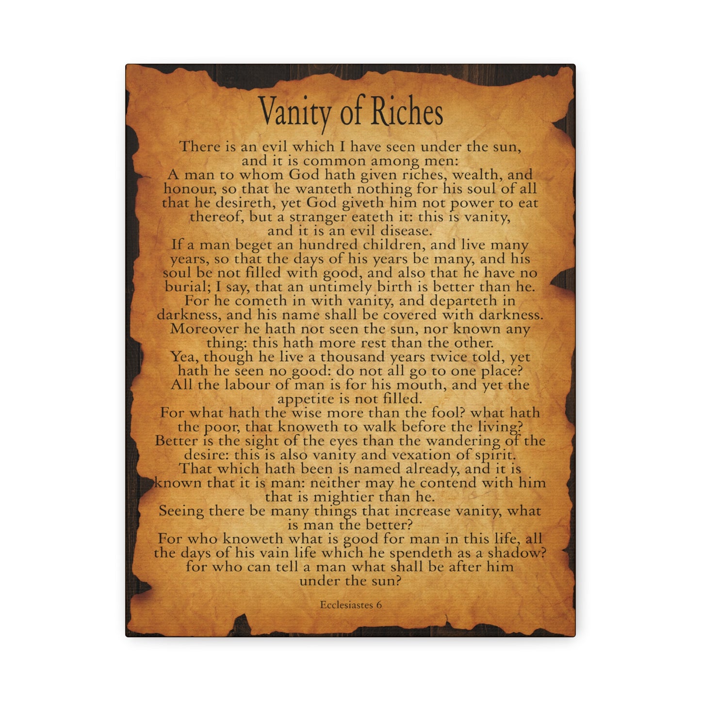 Vanity of Riches Ecclesiastes 6 Gold Brown Bible Verse Canvas Christian Wall Art Ready to Hang
