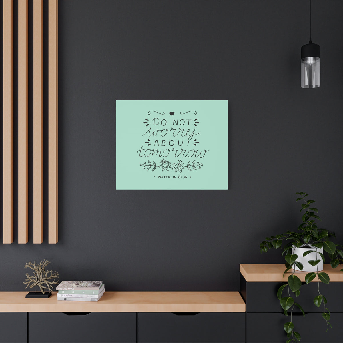 Scripture Canvas Tomorrow Teal Matthew 6:34 Christian Wall Art Bible Verse Print Ready to Hang