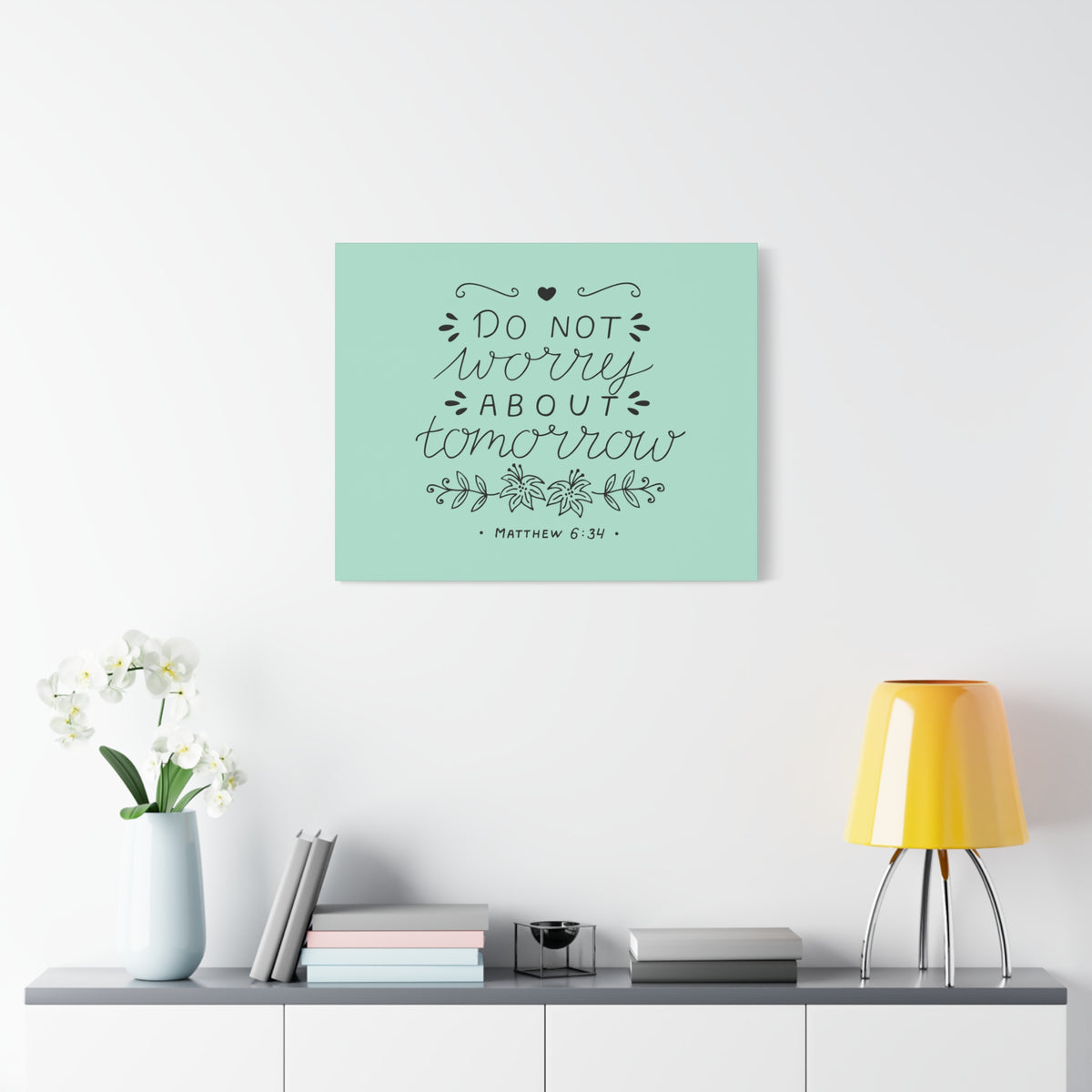 Scripture Canvas Tomorrow Teal Matthew 6:34 Christian Wall Art Bible Verse Print Ready to Hang