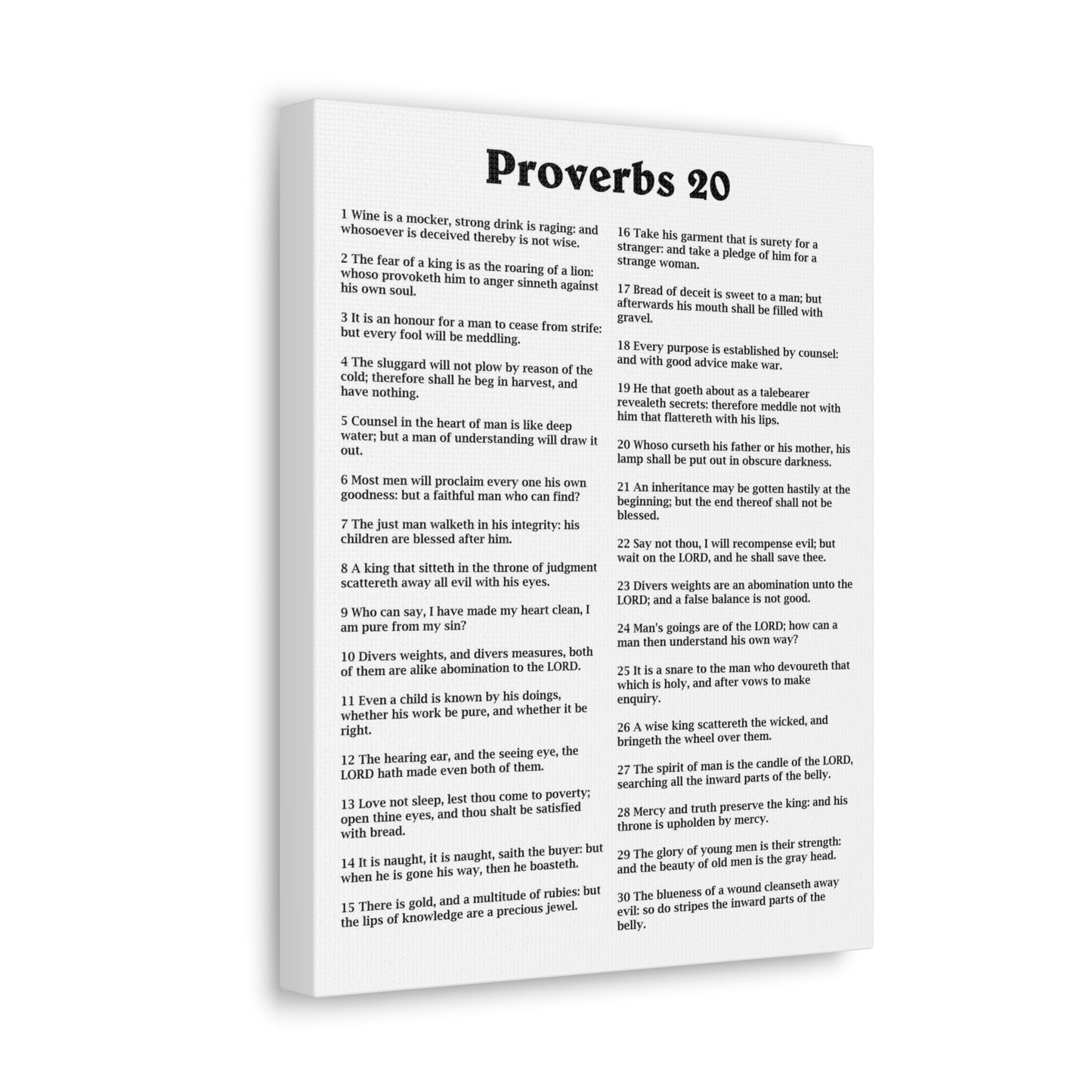 Proverbs Chapter 20 White Bible Canvas Christian Wall Art Ready to Hang Unframed