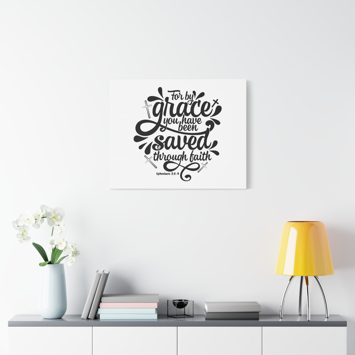 Scripture Canvas Saved By Grace Cross Ephesians 2:8-9 Christian Wall Art Bible Verse Print Ready to Hang