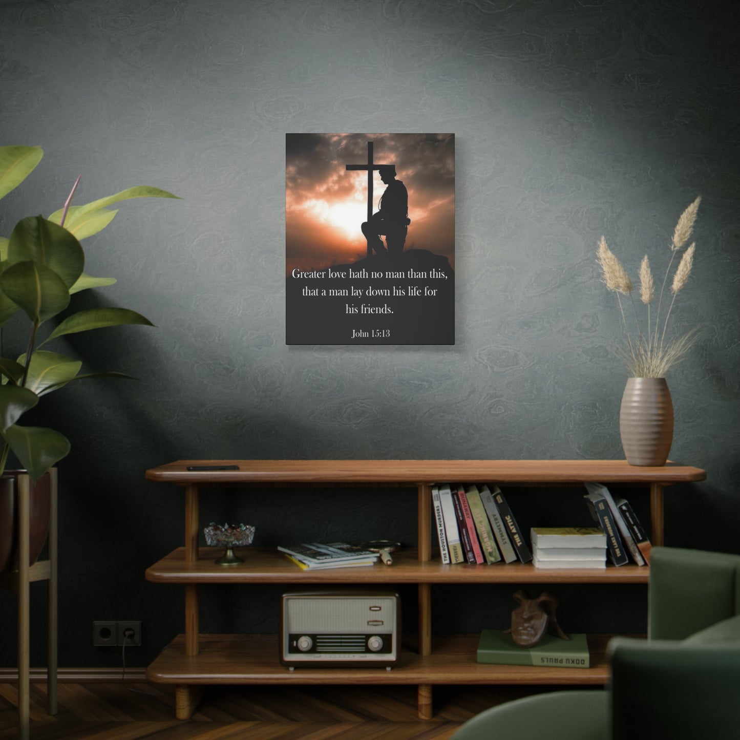 Scripture Walls John 15:13 Greater Love Soldier at Cross Christian Wall Art Print Ready to Hang Unframed