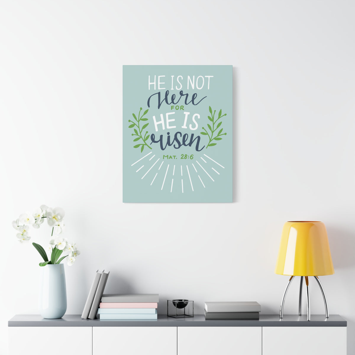 Scripture Canvas He Is Risen Green Leaves Mat 28:6 Christian Wall Art Bible Verse Print Ready to Hang