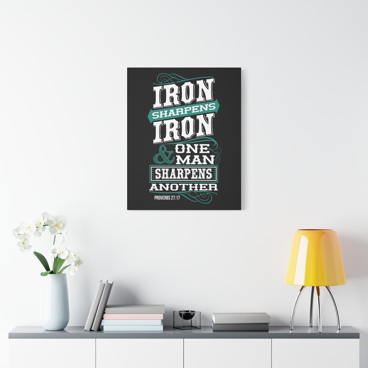Scripture Canvas Iron Sharpens Iron Proverbs 27:17 Christian Wall Art Bible Verse Print Ready to Hang