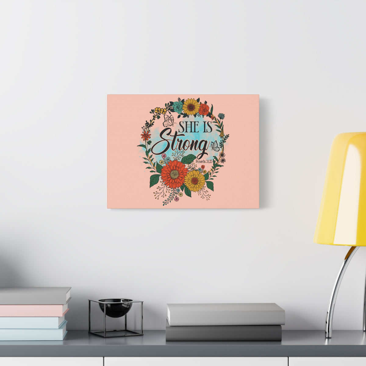 Scripture Canvas She Is Strong Peach Proverbs 31:25 Christian Wall Art Bible Verse Print Ready to Hang