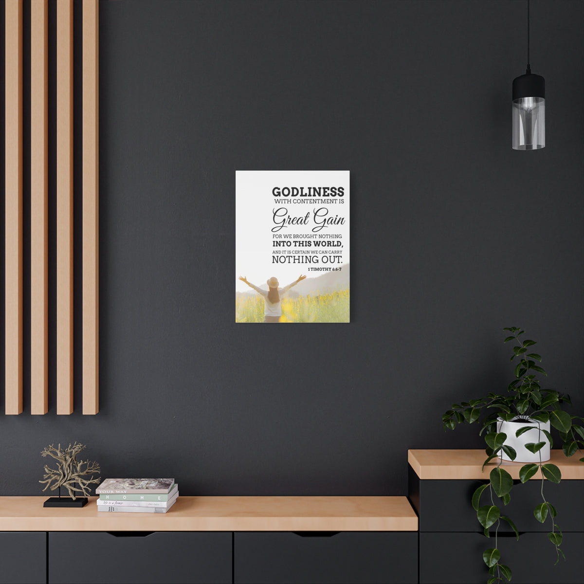 Scripture Canvas Godliness with Contentment 1 Timothy 6:6-7 Christian Wall Art Bible Verse Print Ready to Hang