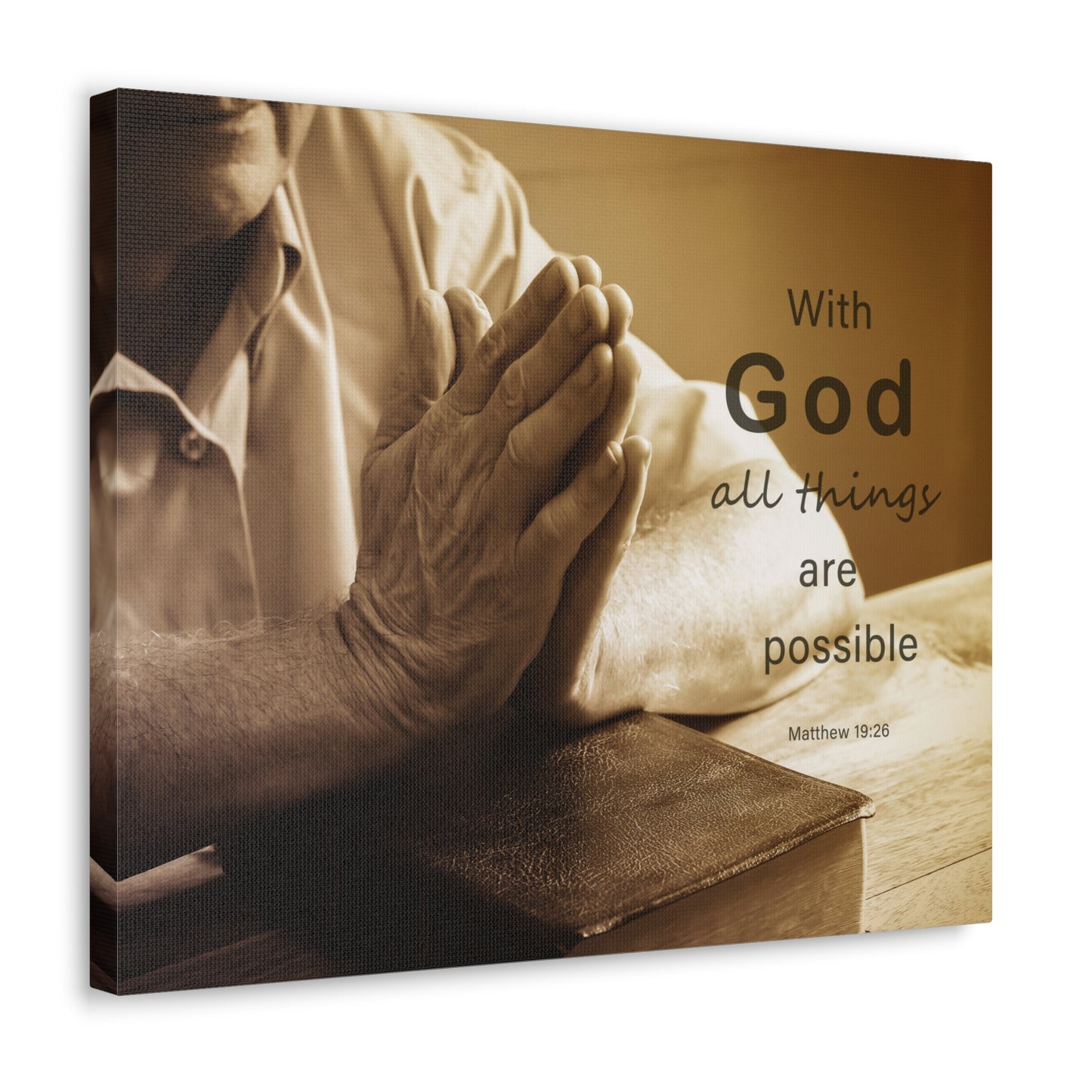 With God Matthew 19:26 Praying Hands Bible Verse Canvas Christian Wall Art Ready to Hang