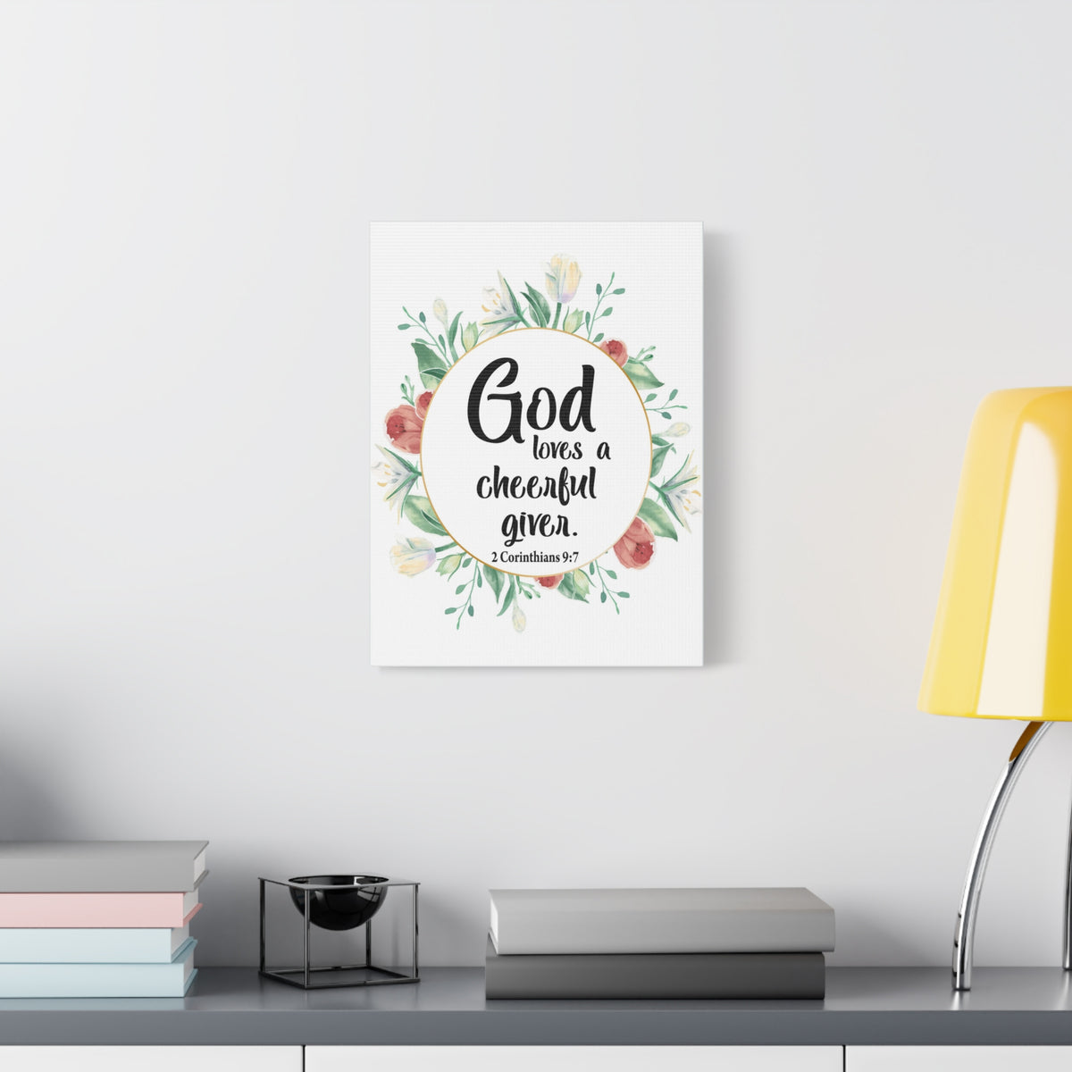 Scripture Canvas God Loves a Cheerful Giver 2 Corinthians 9:7 Christian Wall Art Bible Verse Print Ready to Hang