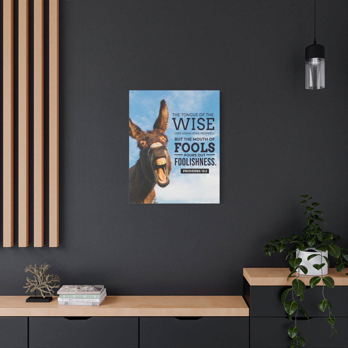Scripture Canvas Grievous Words Donkey Proverbs 15:2 Christian Wall Art Bible Verse Print Ready to Hang