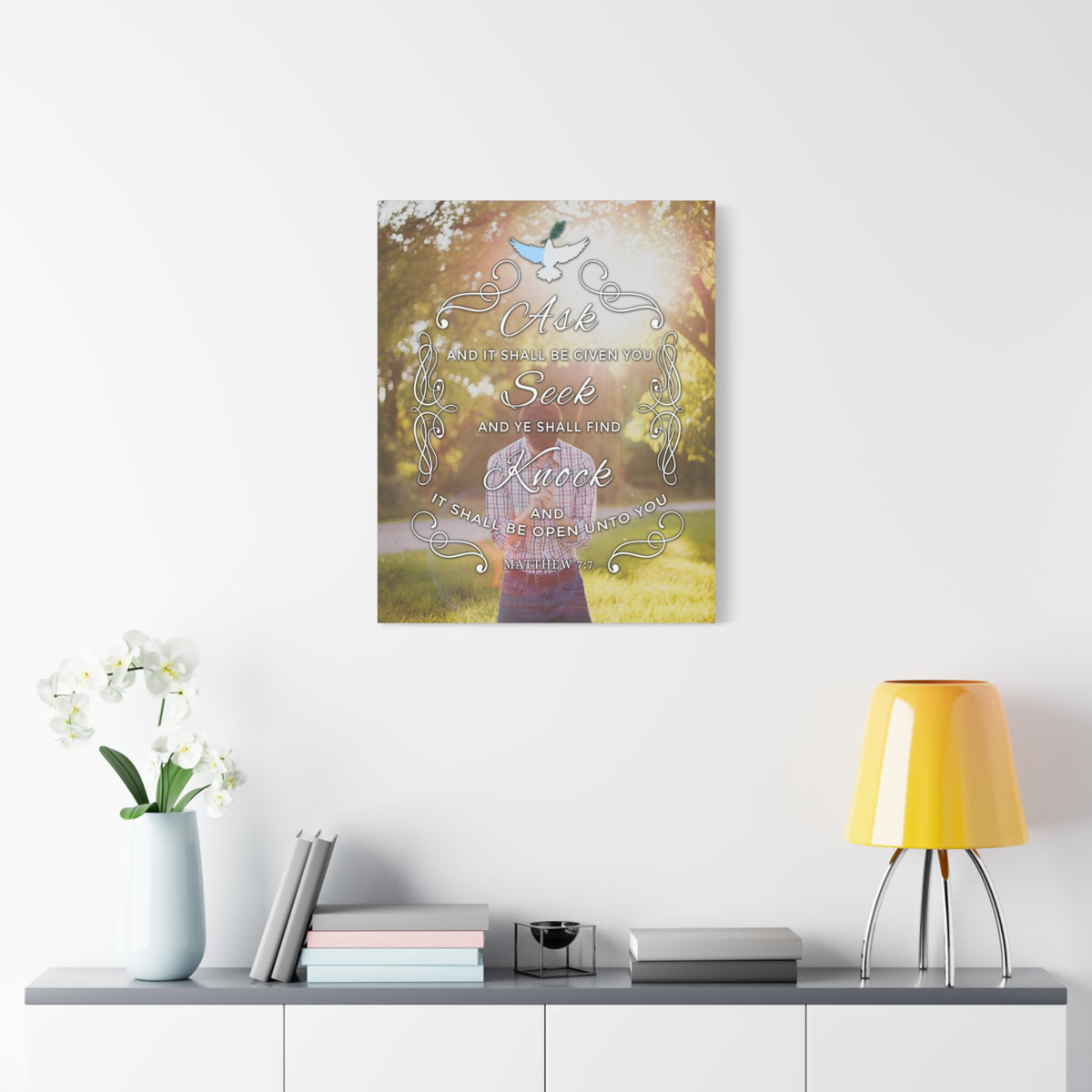 Scripture Canvas Ask Seek Knock Matthew 7:7 Christian Wall Art Bible Verse Print Ready to Hang