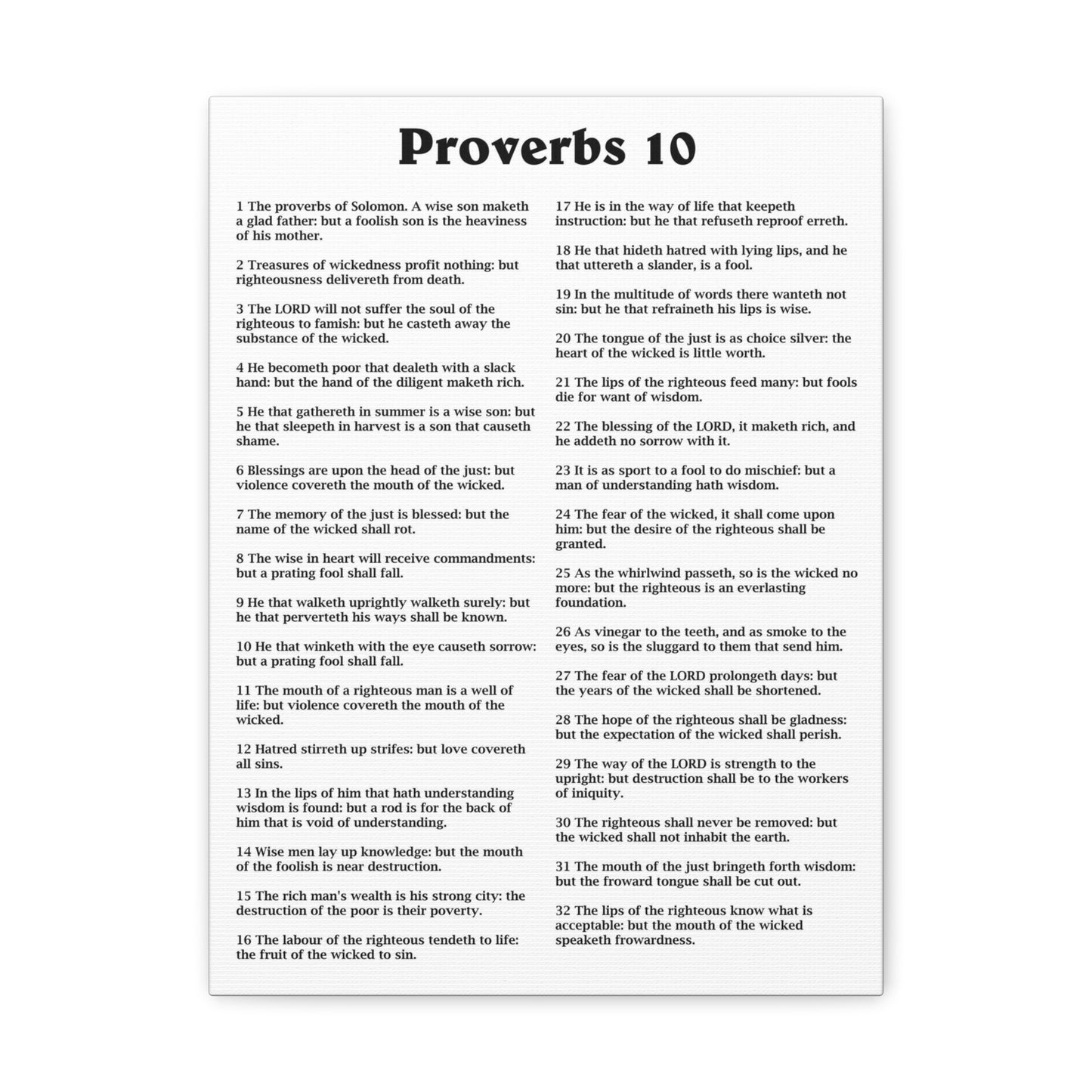 Proverbs Chapter 10 White Bible Canvas Christian Wall Art Ready to Hang Unframed