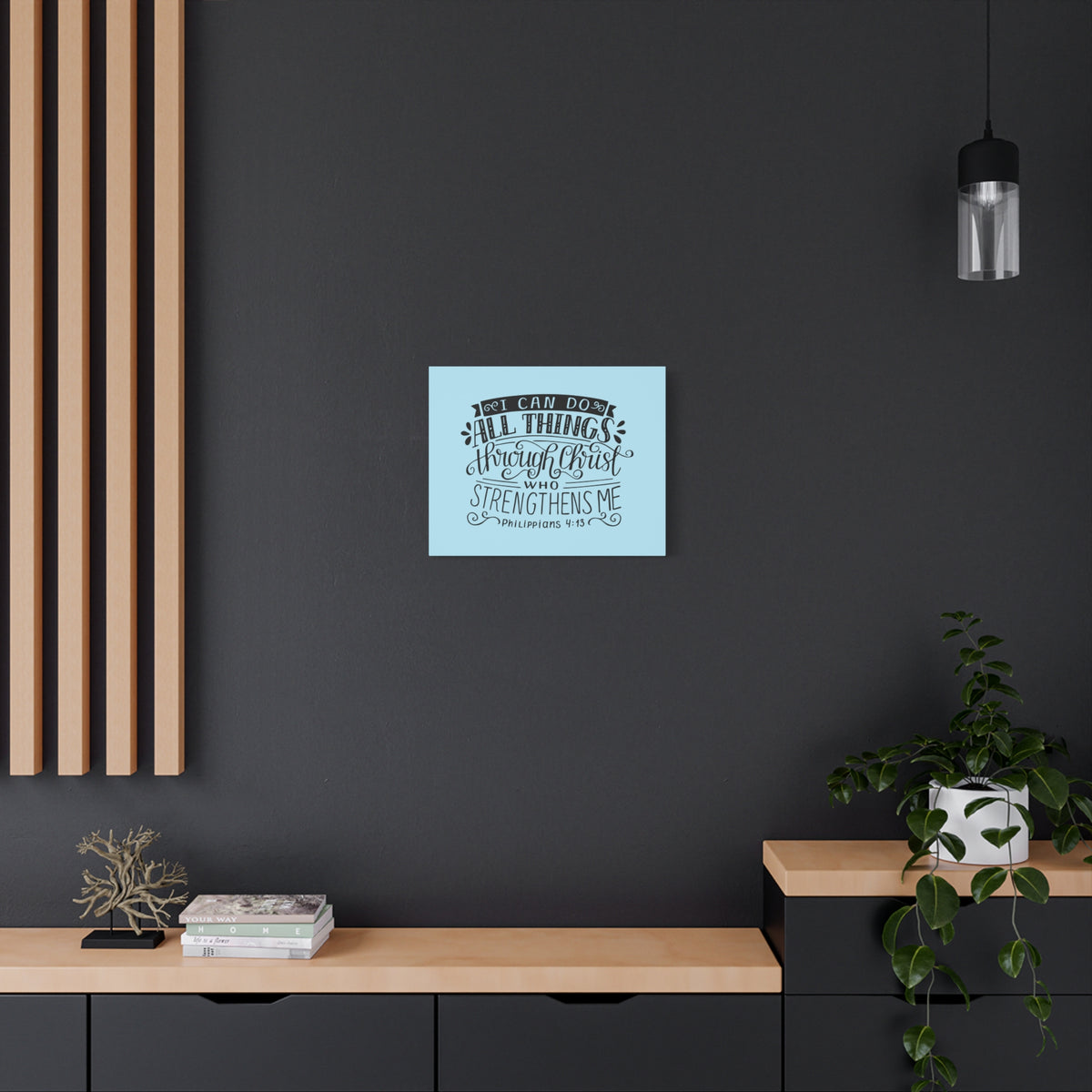 Scripture Canvas Through Christ Philippians 4:13 Sky Blue Christian Wall Art Bible Verse Print Ready to Hang