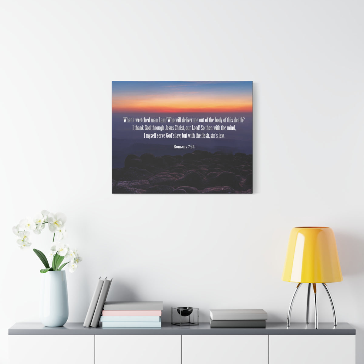 Scripture Canvas Sin's Law Romans 7:24-25 Christian Wall Art Bible Verse Print Ready to Hang