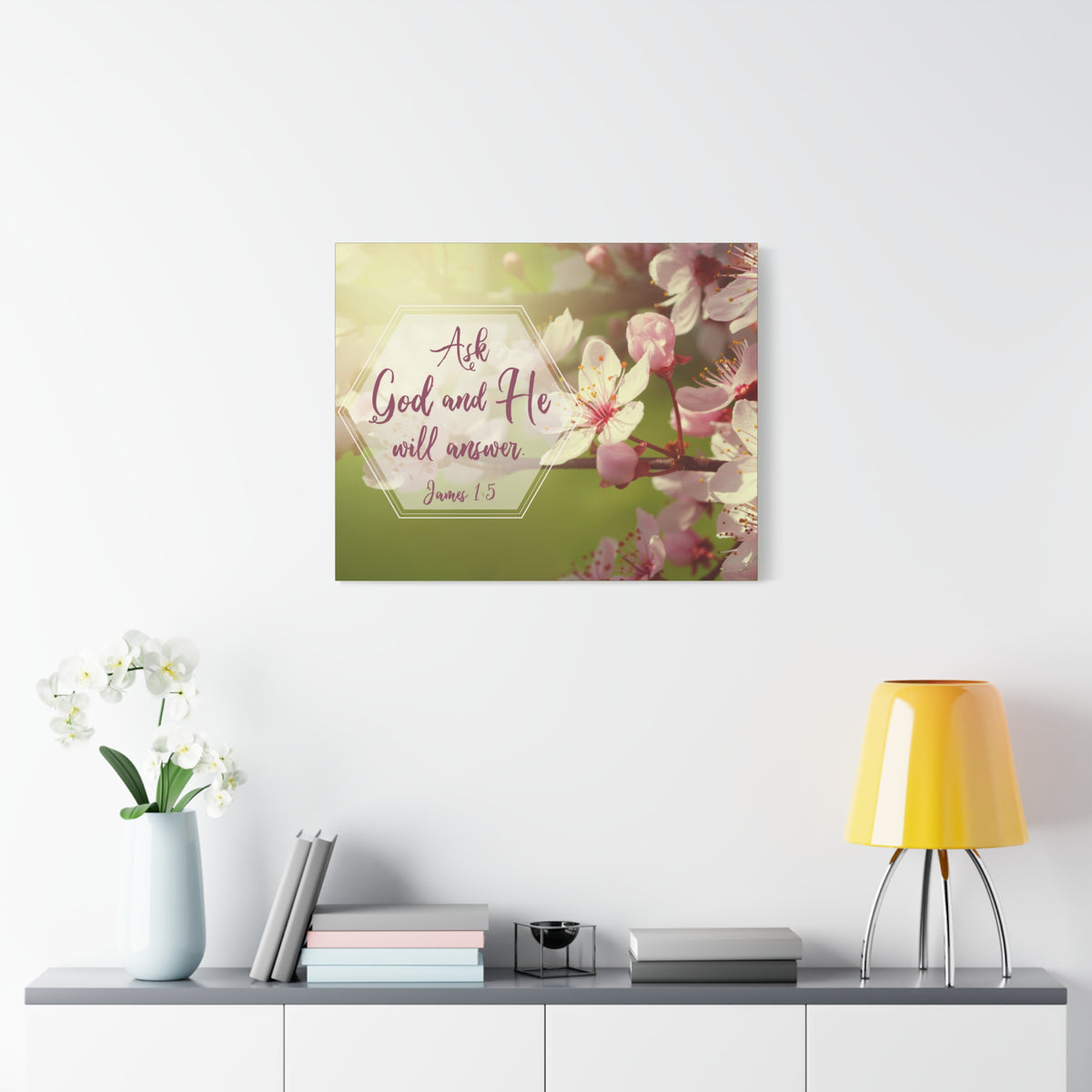 Scripture Canvas He Will Answer James 1:5 Pink Flower Christian Wall Art Bible Verse Print Ready to Hang
