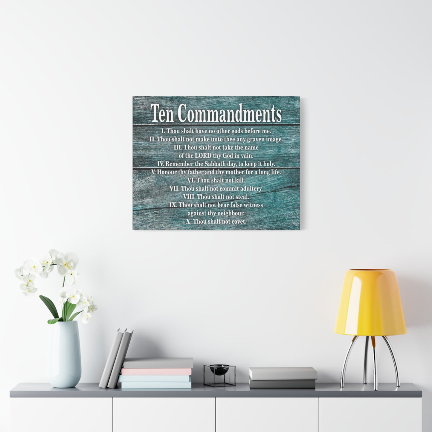 Scripture Canvas Ten Commandments Blue Wood Christian Wall Art Print Ready to Hang