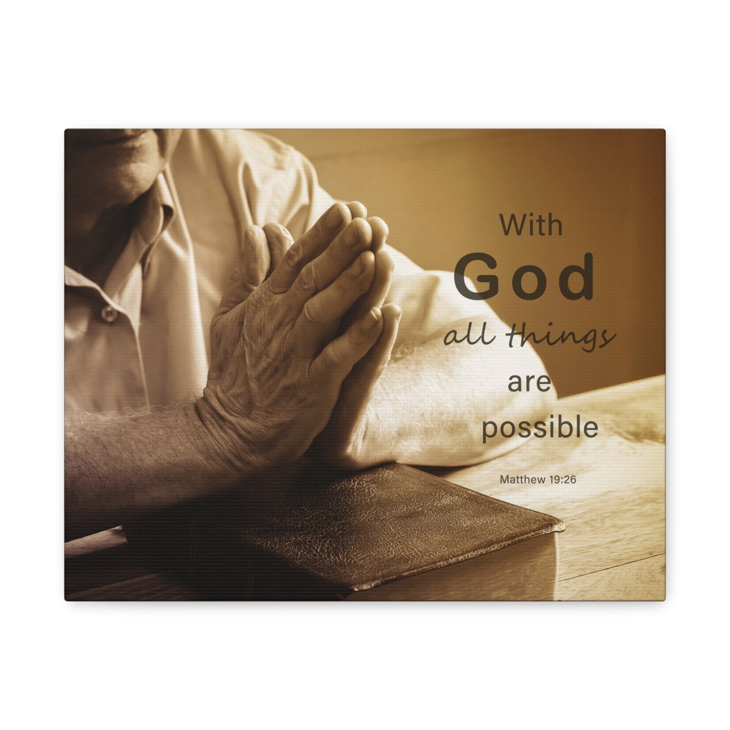 With God Matthew 19:26 Praying Hands Bible Verse Canvas Christian Wall Art Ready to Hang