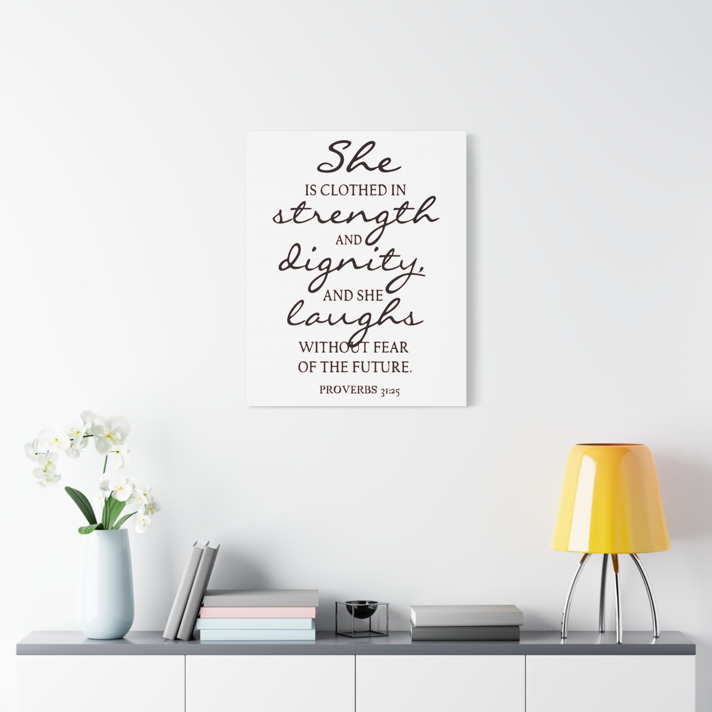 Scripture Canvas Strength, Dignity, And Laughs Proverbs 31:25 Christian Wall Art Bible Verse Print Ready to Hang