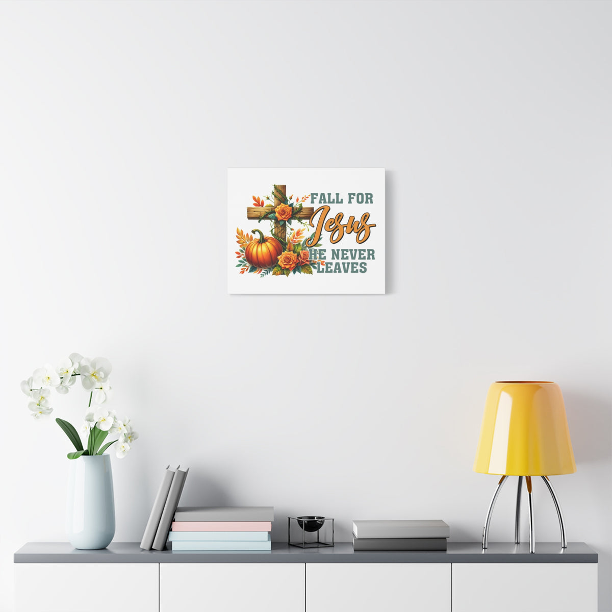 Scripture Walls Jesus Never Leaves Autumn Bible Verse Canvas Christian Wall Art Ready to Hang Unframed