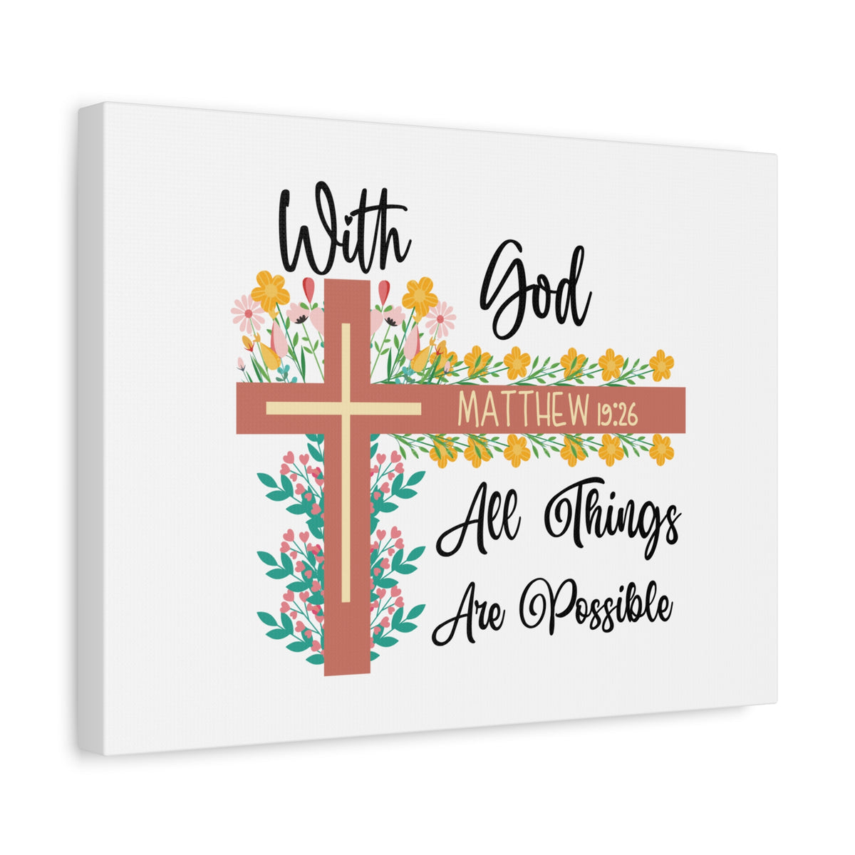 Scripture Canvas With God Matthew 19:26 Flower Cross Christian Wall Art Bible Verse Print Ready to Hang