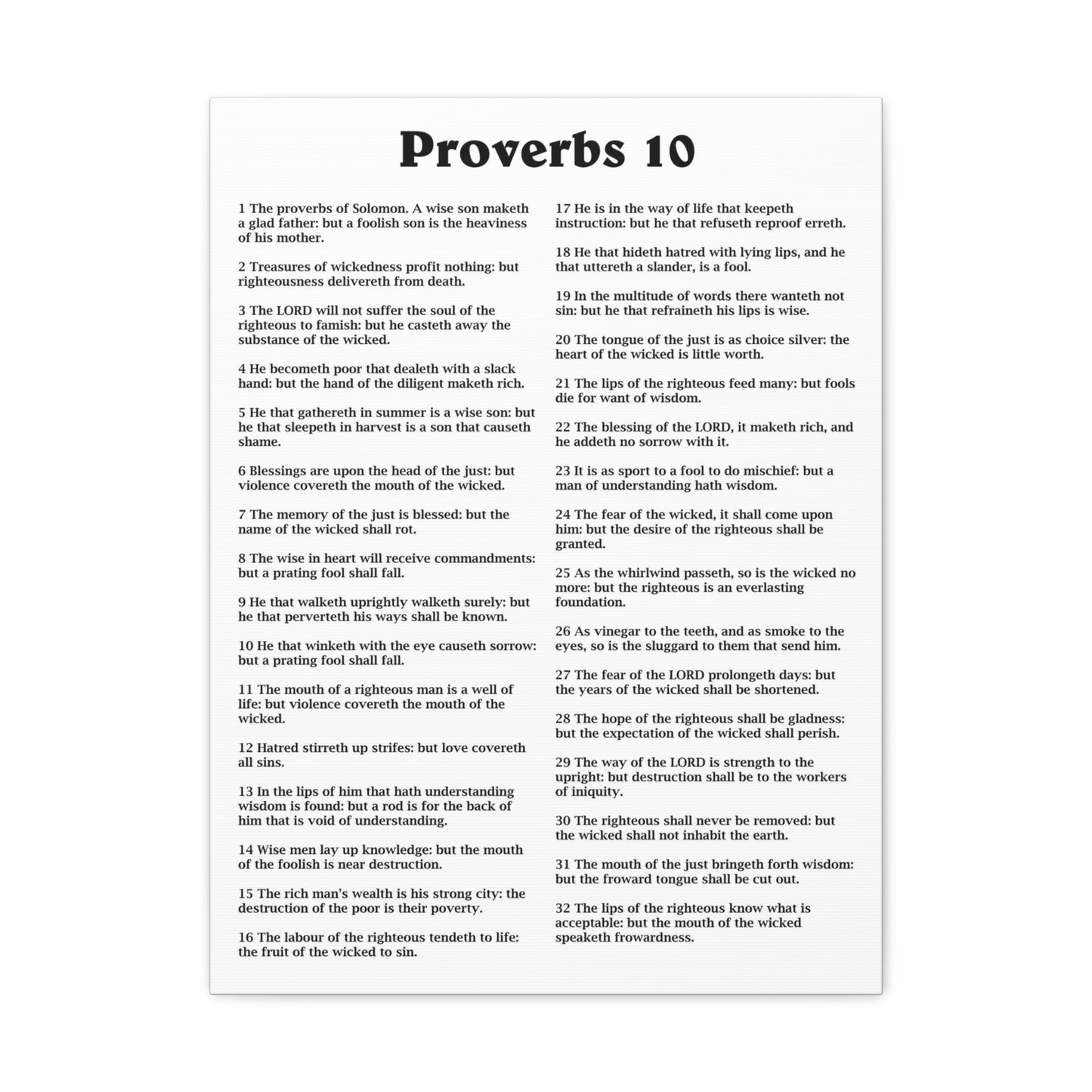 Proverbs Chapter 10 White Bible Canvas Christian Wall Art Ready to Hang Unframed