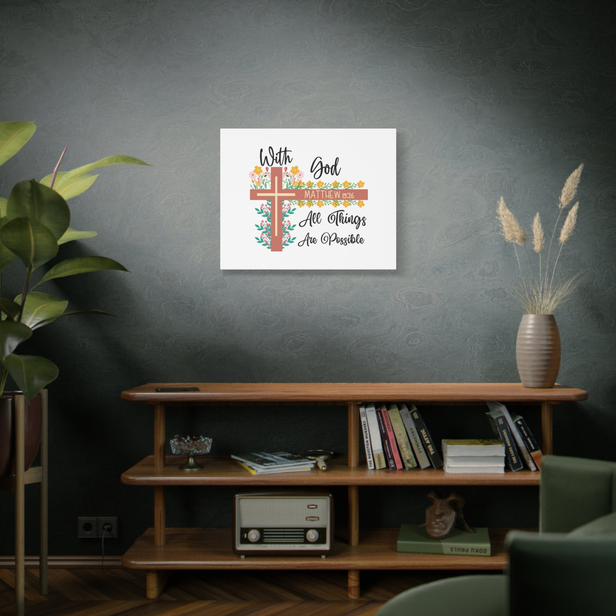 Scripture Canvas With God Matthew 19:26 Flower Cross Christian Wall Art Bible Verse Print Ready to Hang