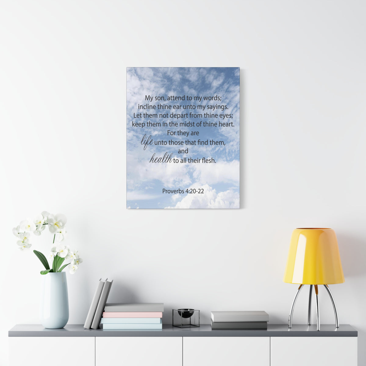 Scripture Canvas Life and Health Proverbs 4:20-22 Christian Wall Art Bible Verse Print Ready to Hang
