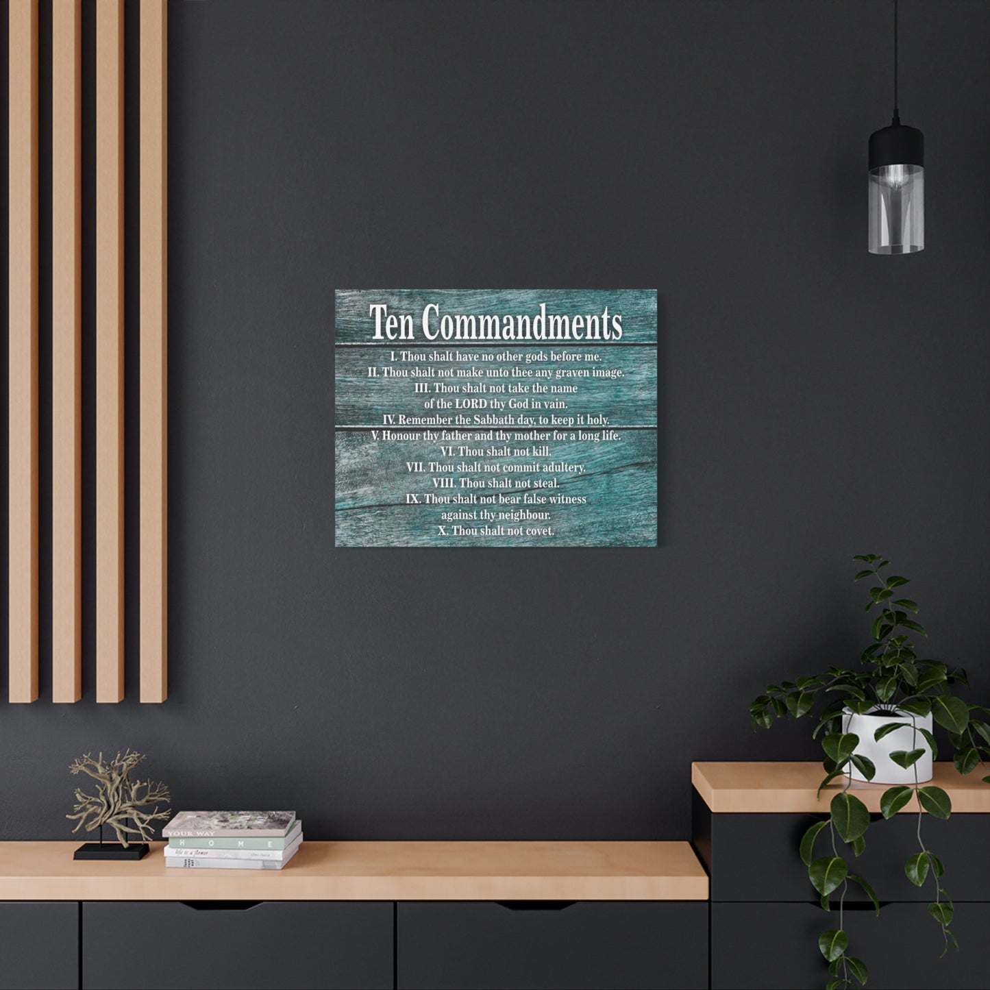 Scripture Canvas Ten Commandments Blue Wood Christian Wall Art Print Ready to Hang