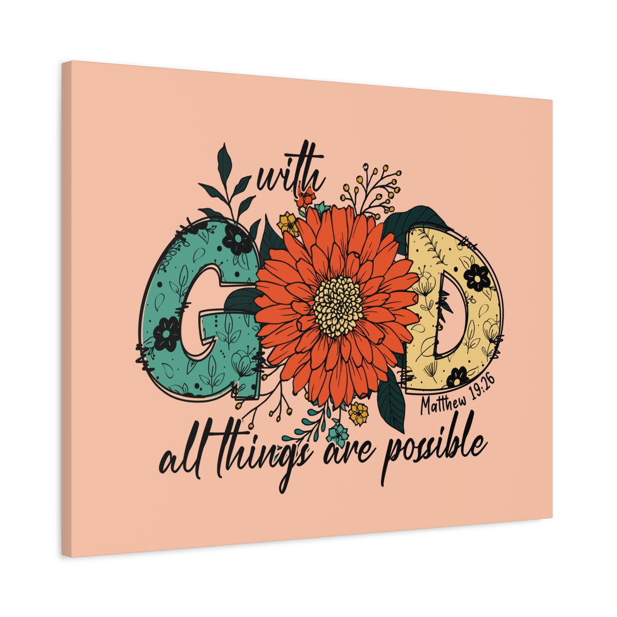 Scripture Canvas With God Mark 10:27 Three Flowers Peach Christian Wall Art Bible Verse Print Ready to Hang