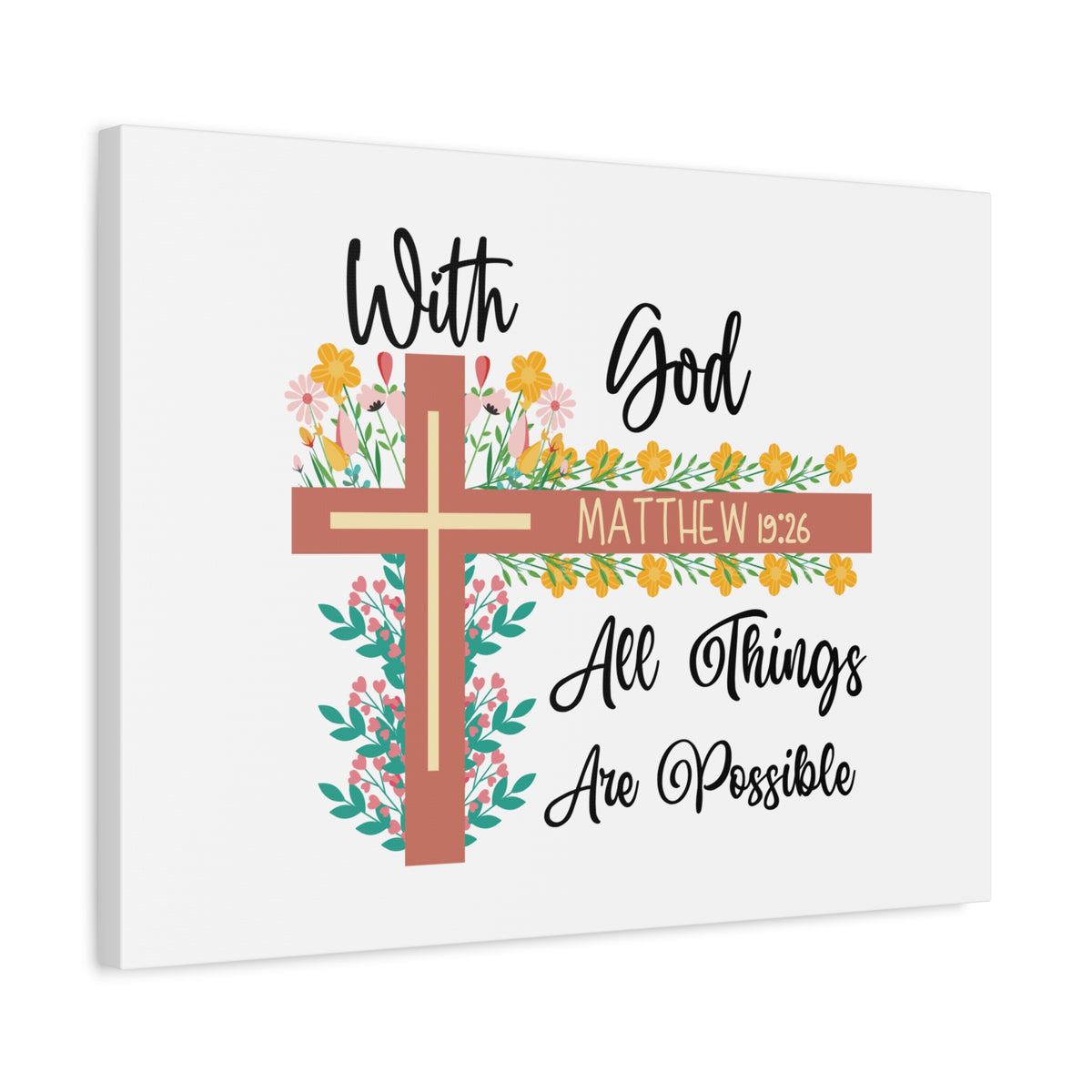 Scripture Canvas With God Matthew 19:26 Flower Cross Christian Wall Art Bible Verse Print Ready to Hang